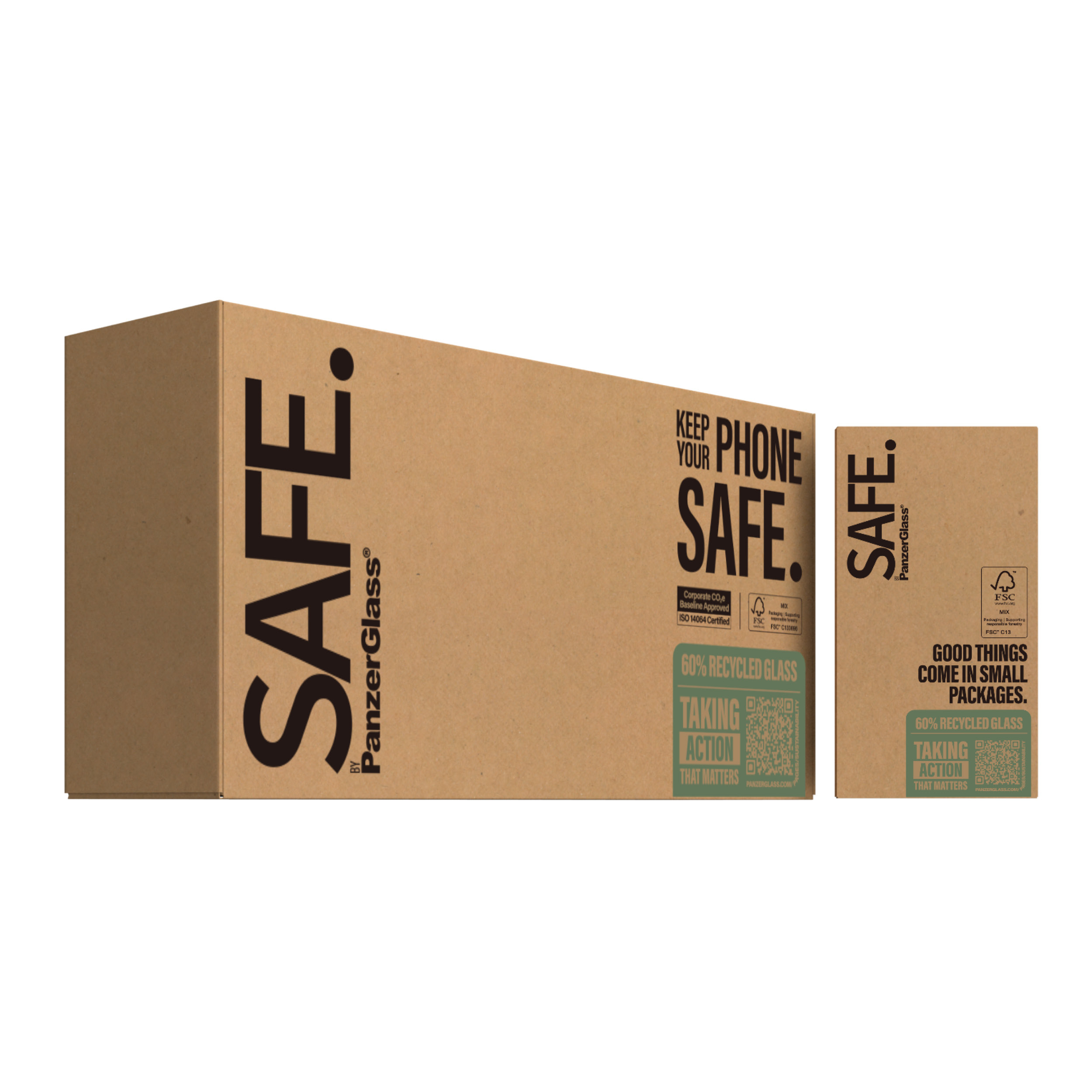 Due scatole di cartone marrone con 'SAFE.' e '60% vetro riciclato' stampati.