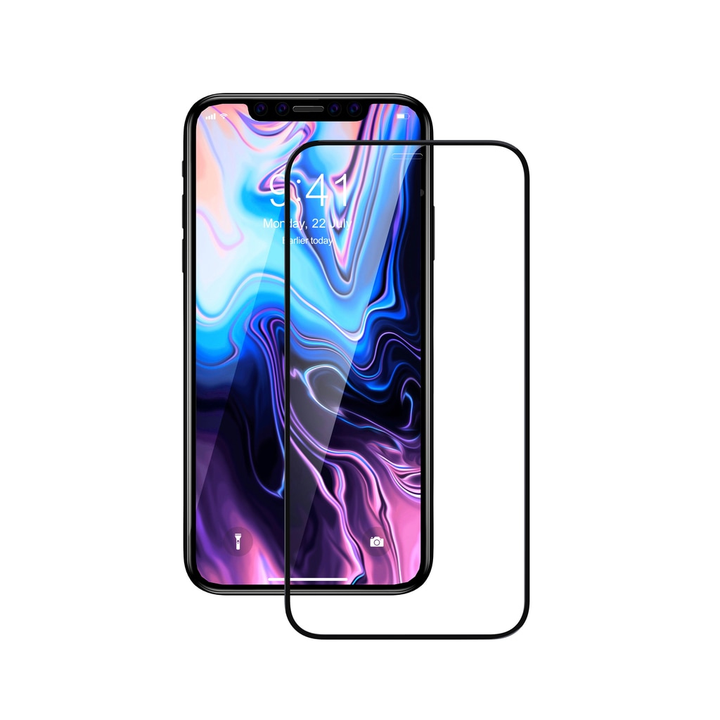 Un telefono con una protezione per lo schermo. Lo schermo mostra un'immagine colorata.