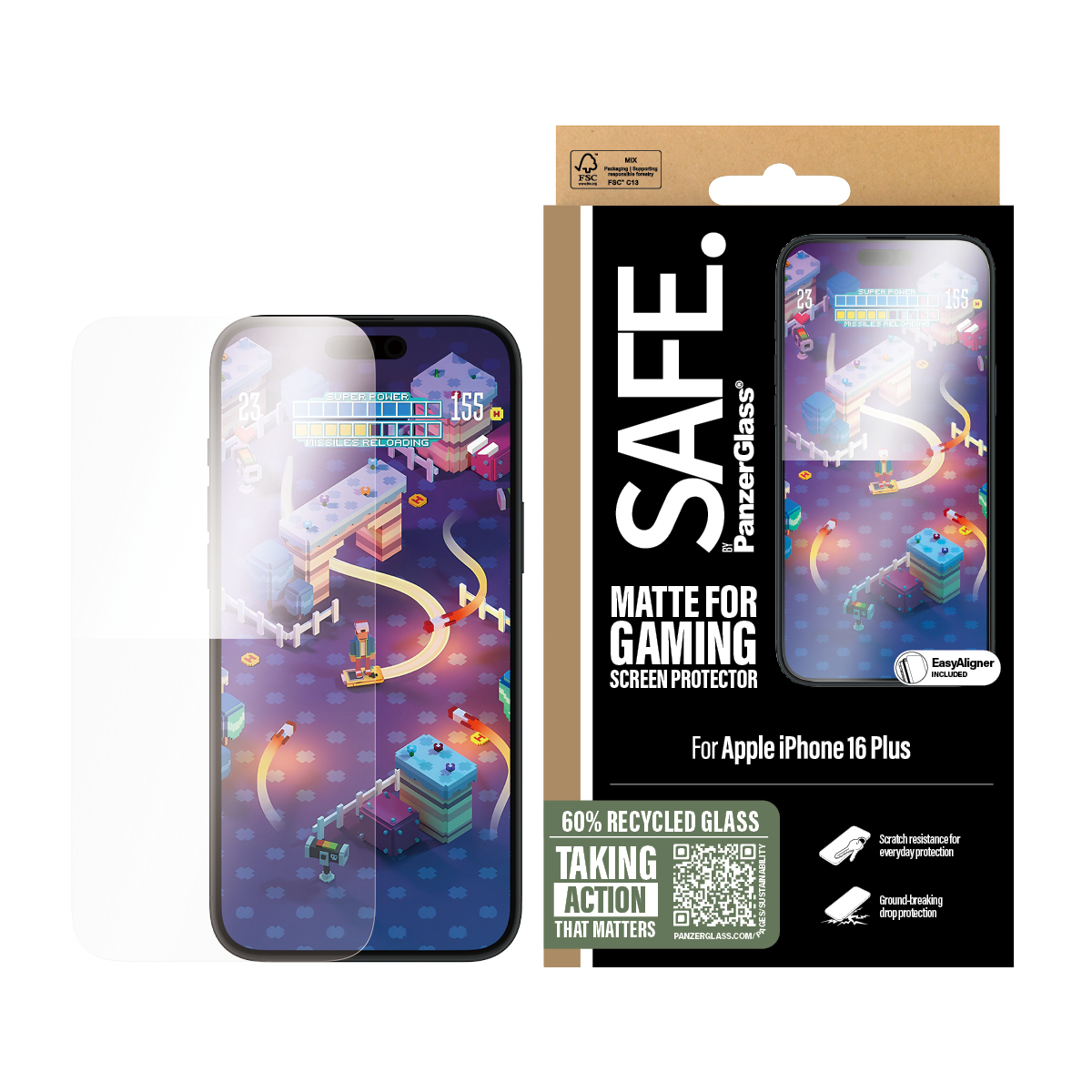Scatola del proteggi schermo PanzerGlass per iPhone. Mostra telefono con gioco e protezione accanto.