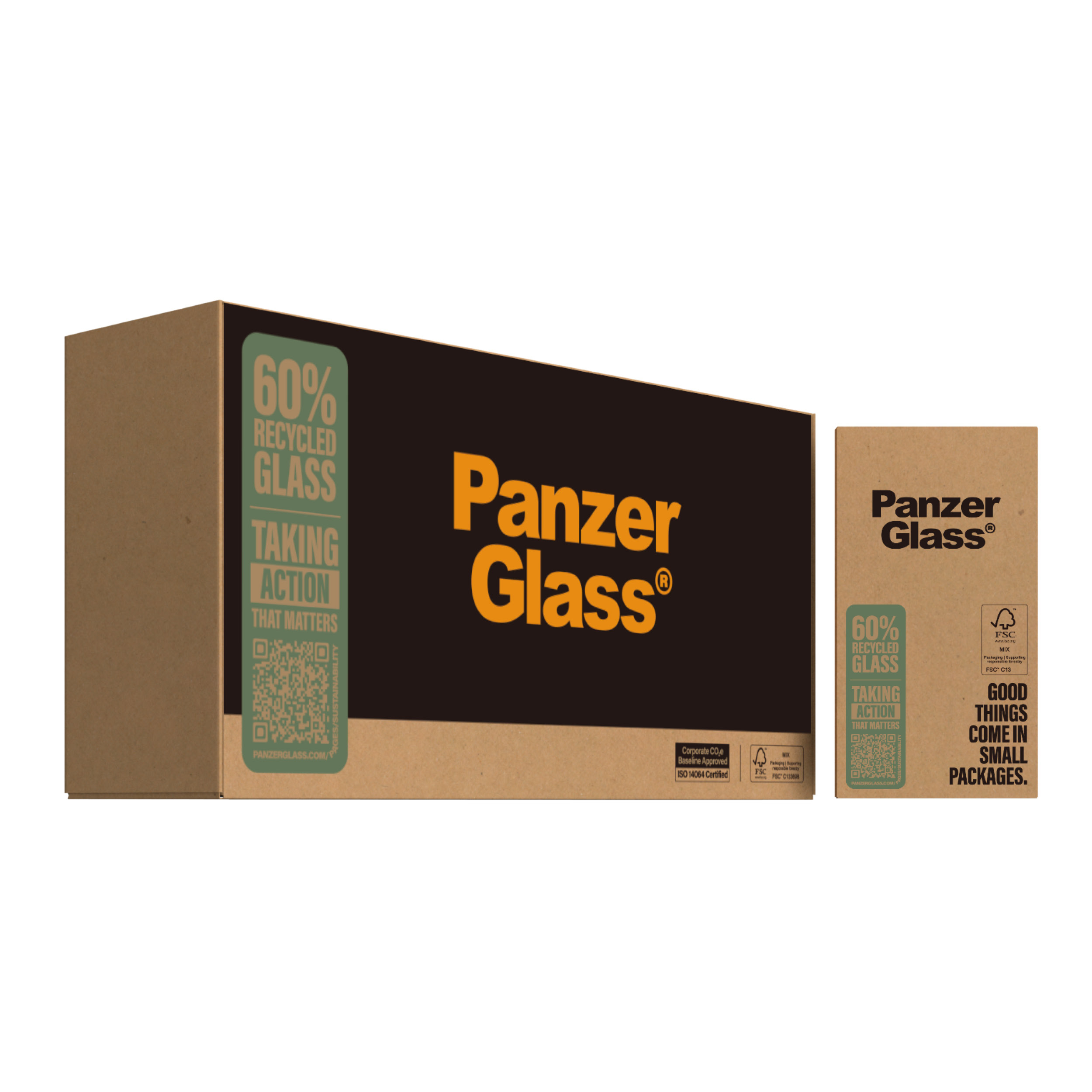 Karton z logo PanzerGlass, tekstem i kodem QR promującym szkło z recyklingu.