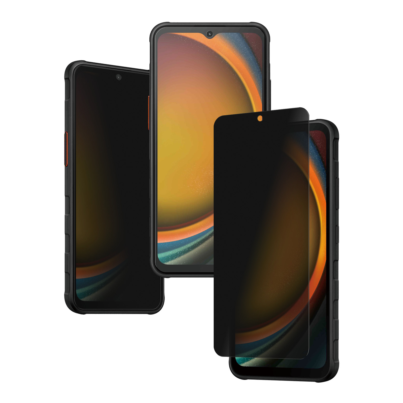 Trois téléphones, avec des protecteurs d'écran, isolés sur fond blanc. Deux sombres, un brillant, tous noirs et orange.
