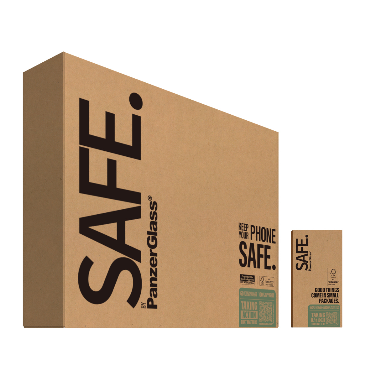 Scatola Safe PanzerGlass marrone e una scatola piccola. Testo sulla scatola: Mantieni il tuo telefono al sicuro. Le cose belle arrivano.