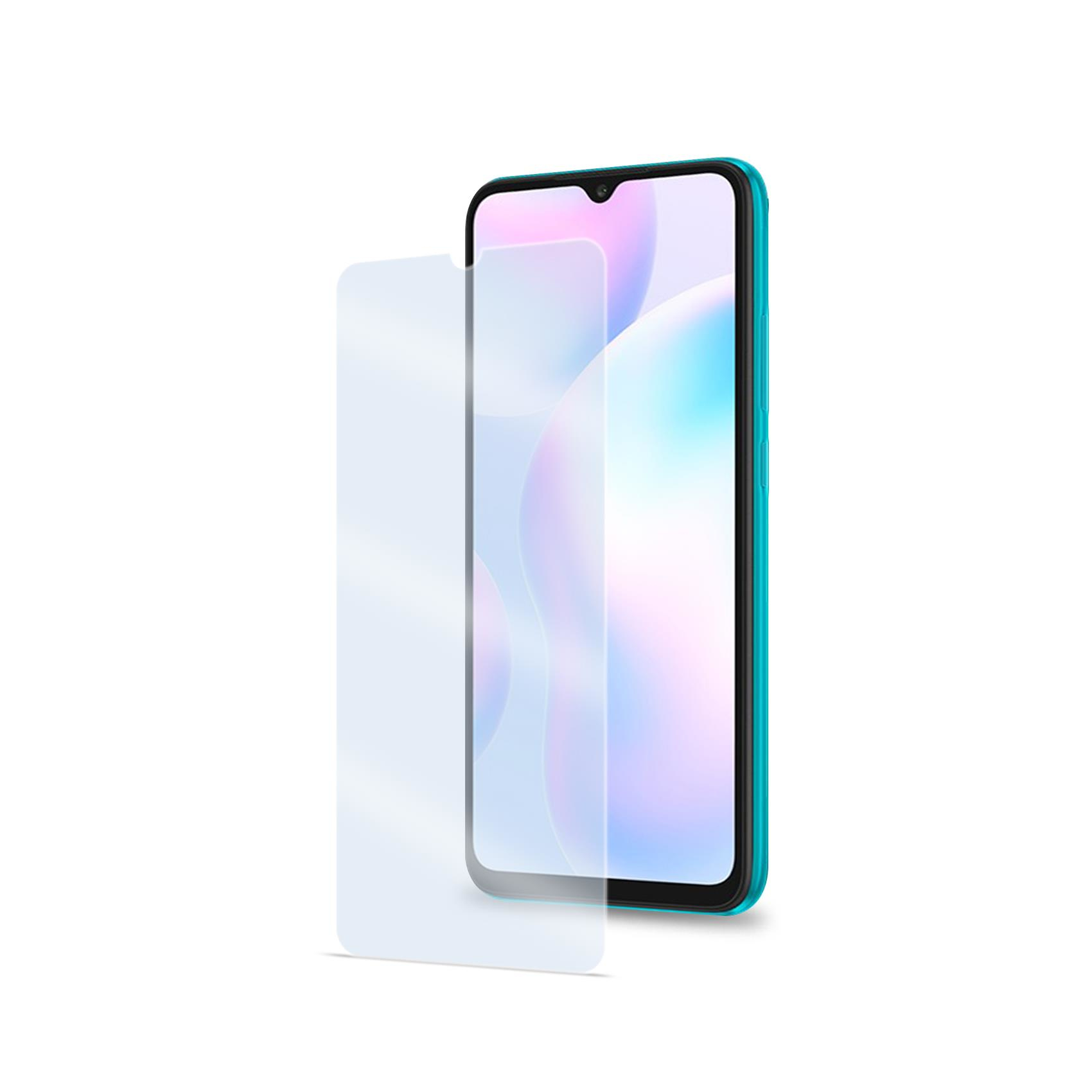 Turkusowy telefon z przezroczystym ochraniaczem ekranu i ochraniacz jest nakładany.