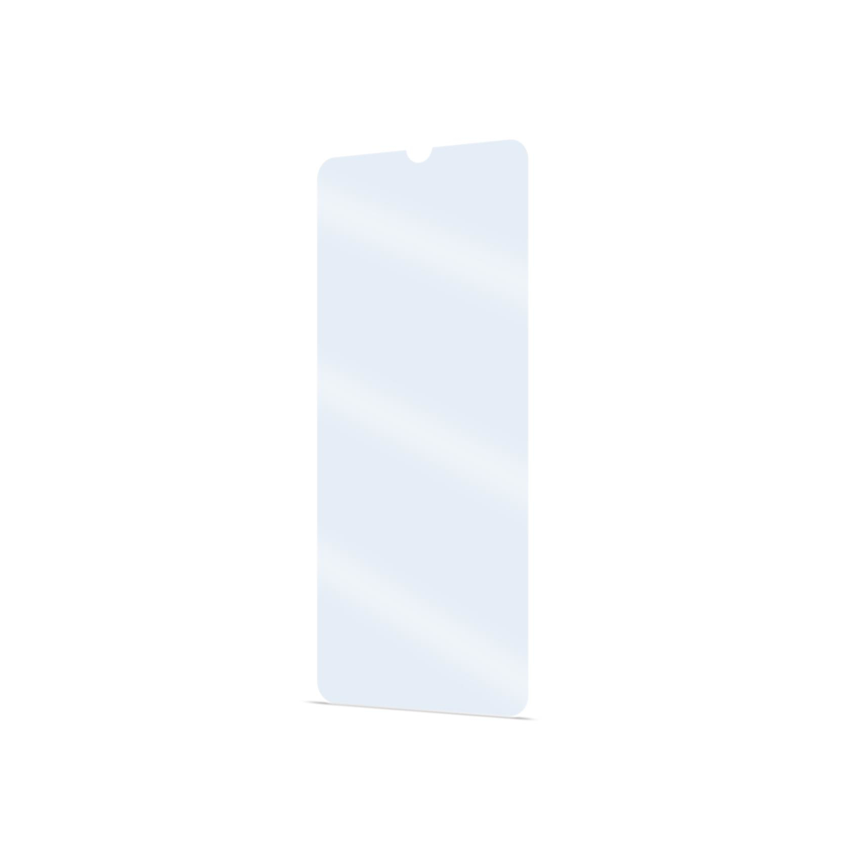 Przezroczysty ochraniacz ekranu do telefonu, z małym wycięciem u góry.