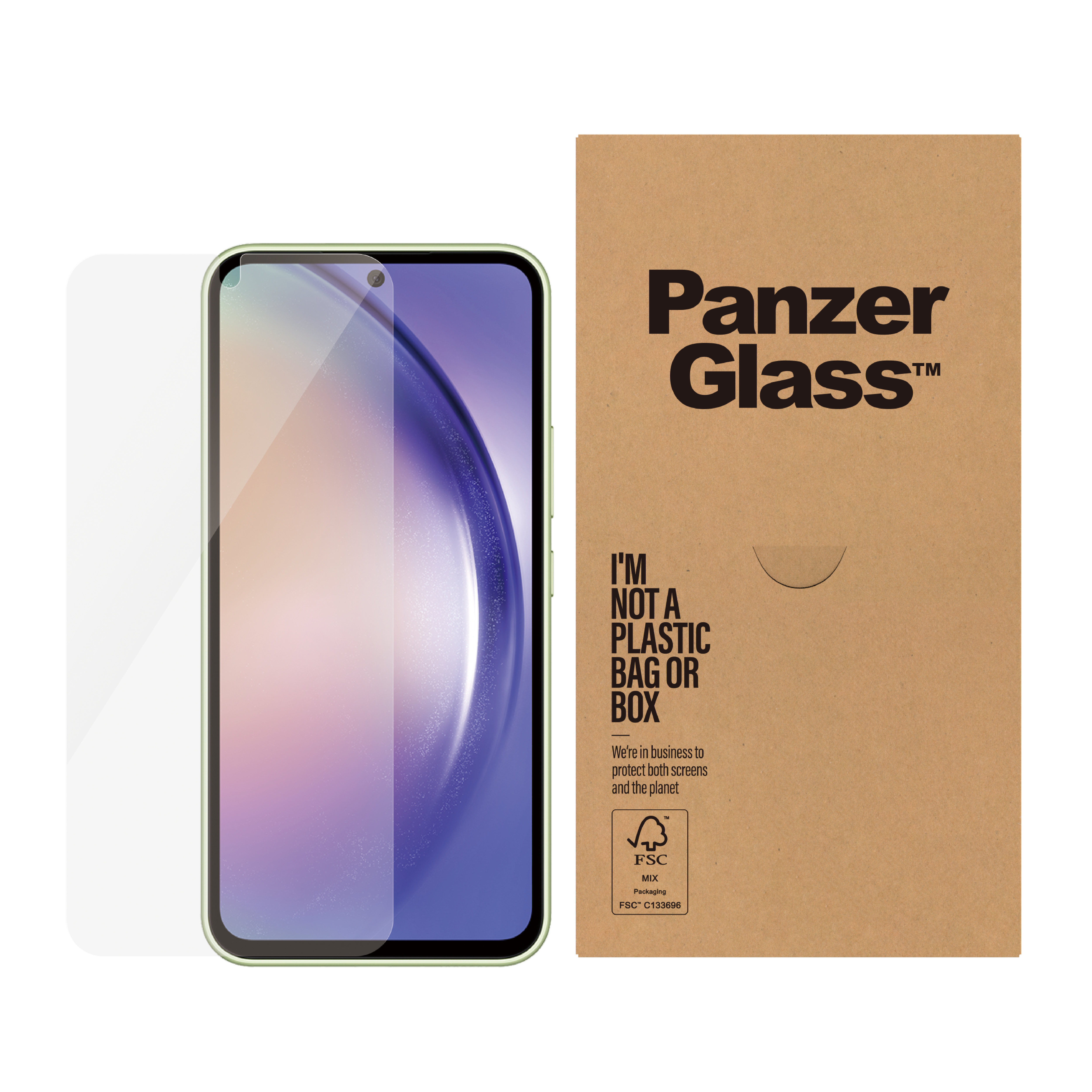 Un telefono e una protezione schermo accanto a una scatola marrone, con il logo e il testo Panzer Glass.