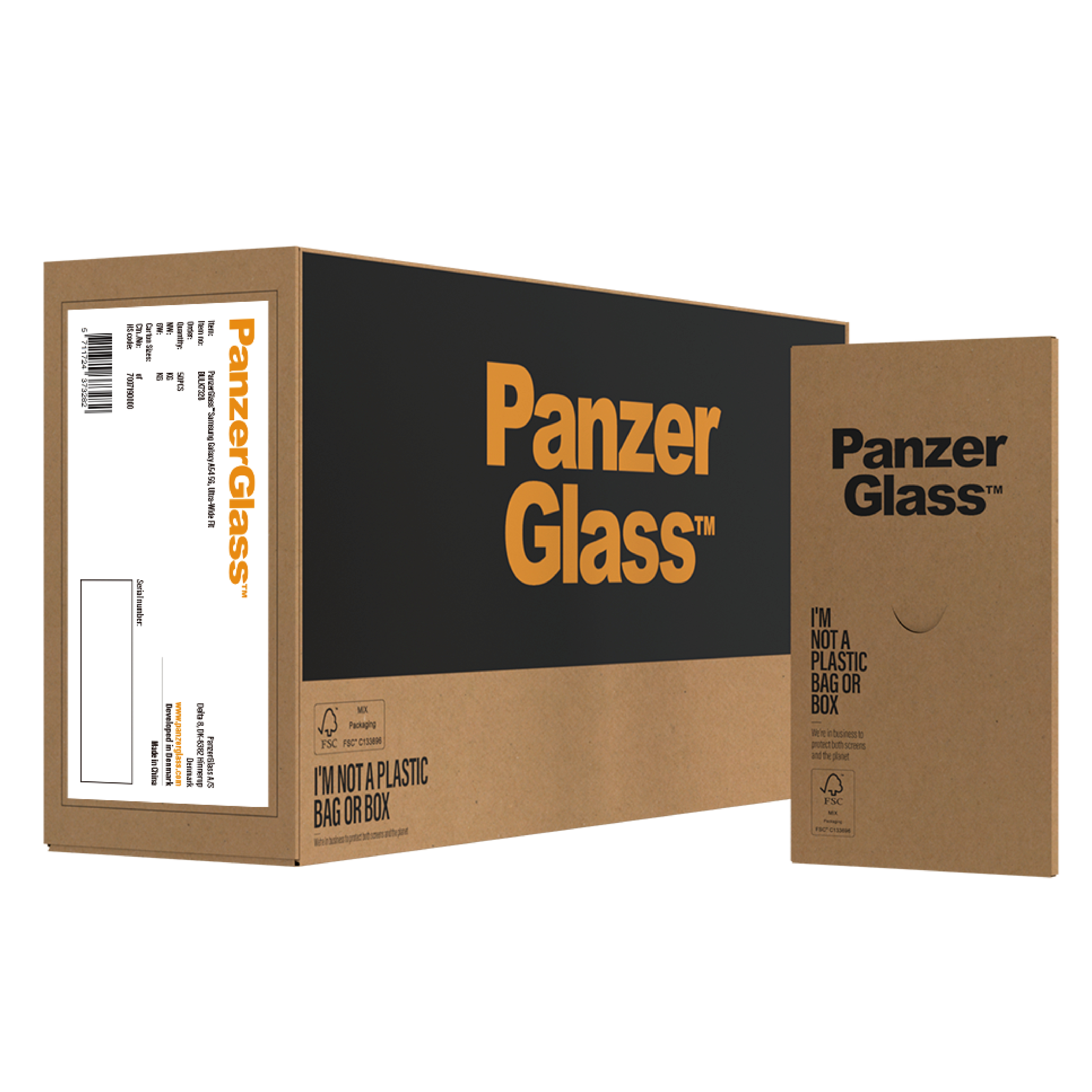 Scatola PanzerGlass. Imballaggio marrone e arancione. Testo: 'PanzerGlass' e 'I'm Not a Plastic Bag'.
