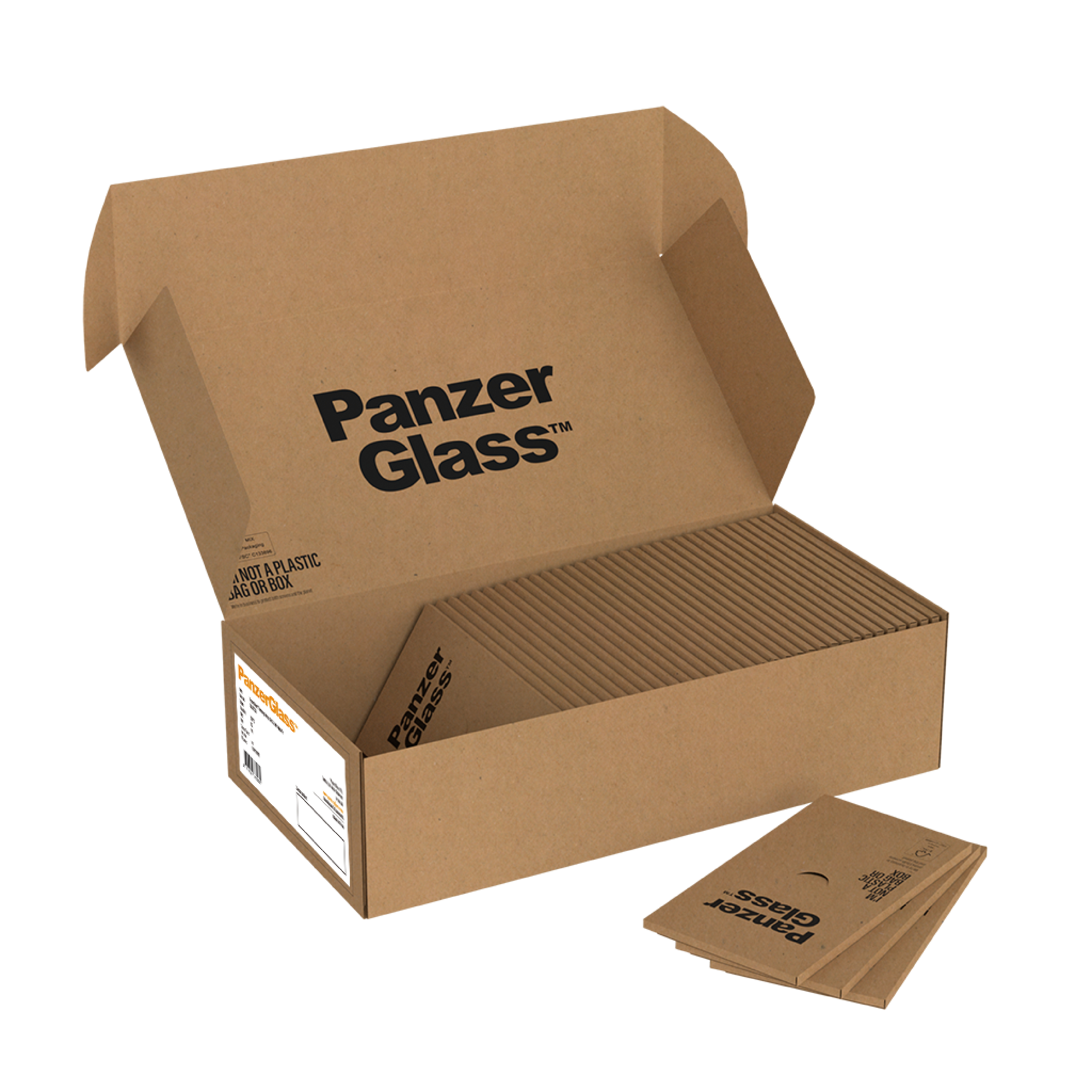 Una scatola aperta con molti astucci di protezione schermo Panzer Glass. La scatola è marrone, gli astucci sono piccoli e marroni.