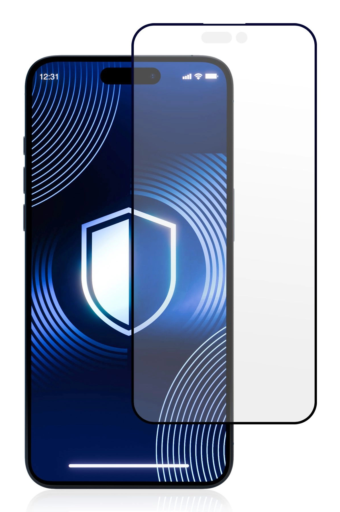 Telefon z nałożonym ochraniaczem ekranu. Ekran wyświetla ikonę tarczy, a telefon ma ciemne tło.