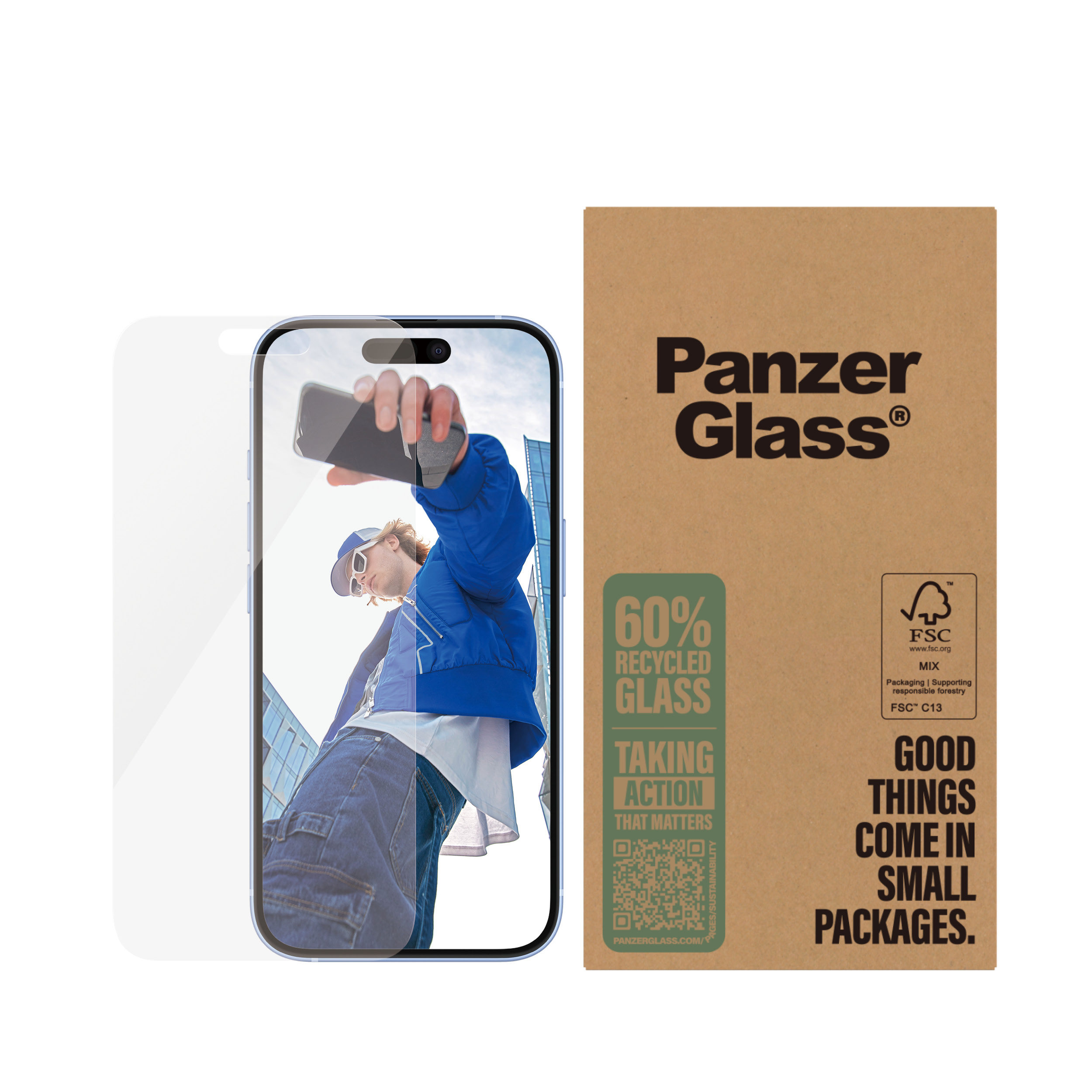 Telefono con protezione schermo e una scatola. Uomo che tiene il telefono. Testo vetro riciclato sulla scatola.