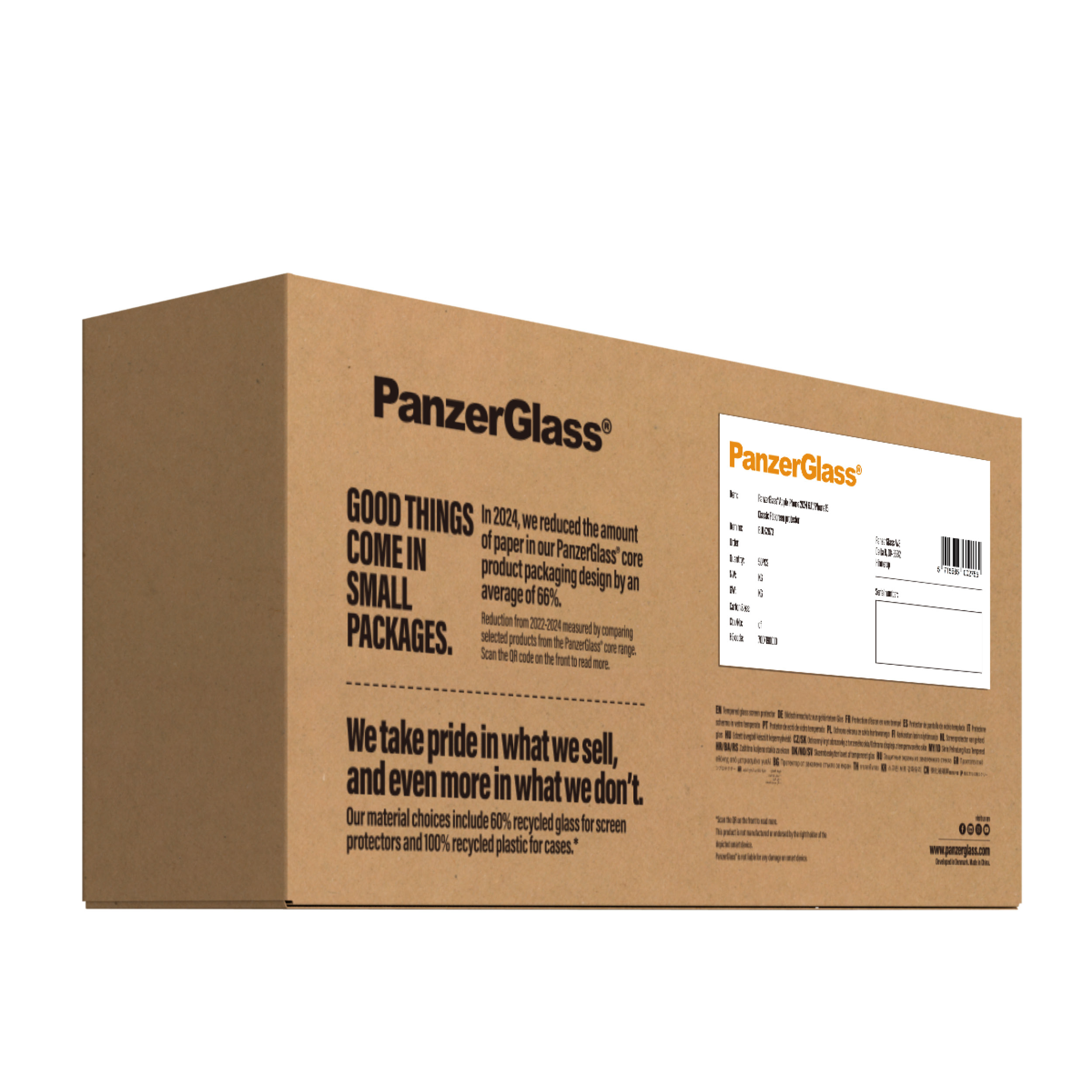 Scatola di cartone con logo e testo PanzerGlass. Contiene info prodotto e codice QR.