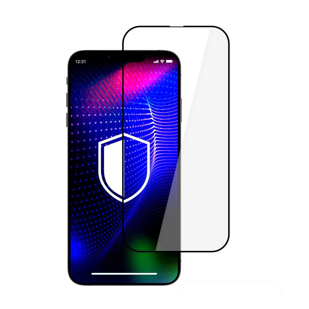 Czarny telefon z ochraniaczem ekranu. Białe logo tarczy na ekranie. Niebieskie tło gradientowe.