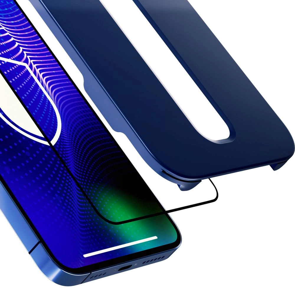 Telefon z niebieskim etui. Ekran telefonu pokazuje niebieski gradient z białym logo tarczy.