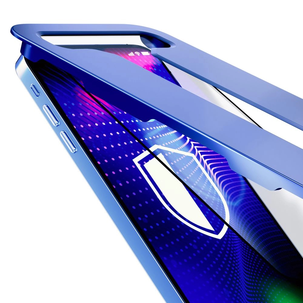 Telefon w niebieskim etui. Ekran pokazuje niebieski gradient z białym logo tarczy.