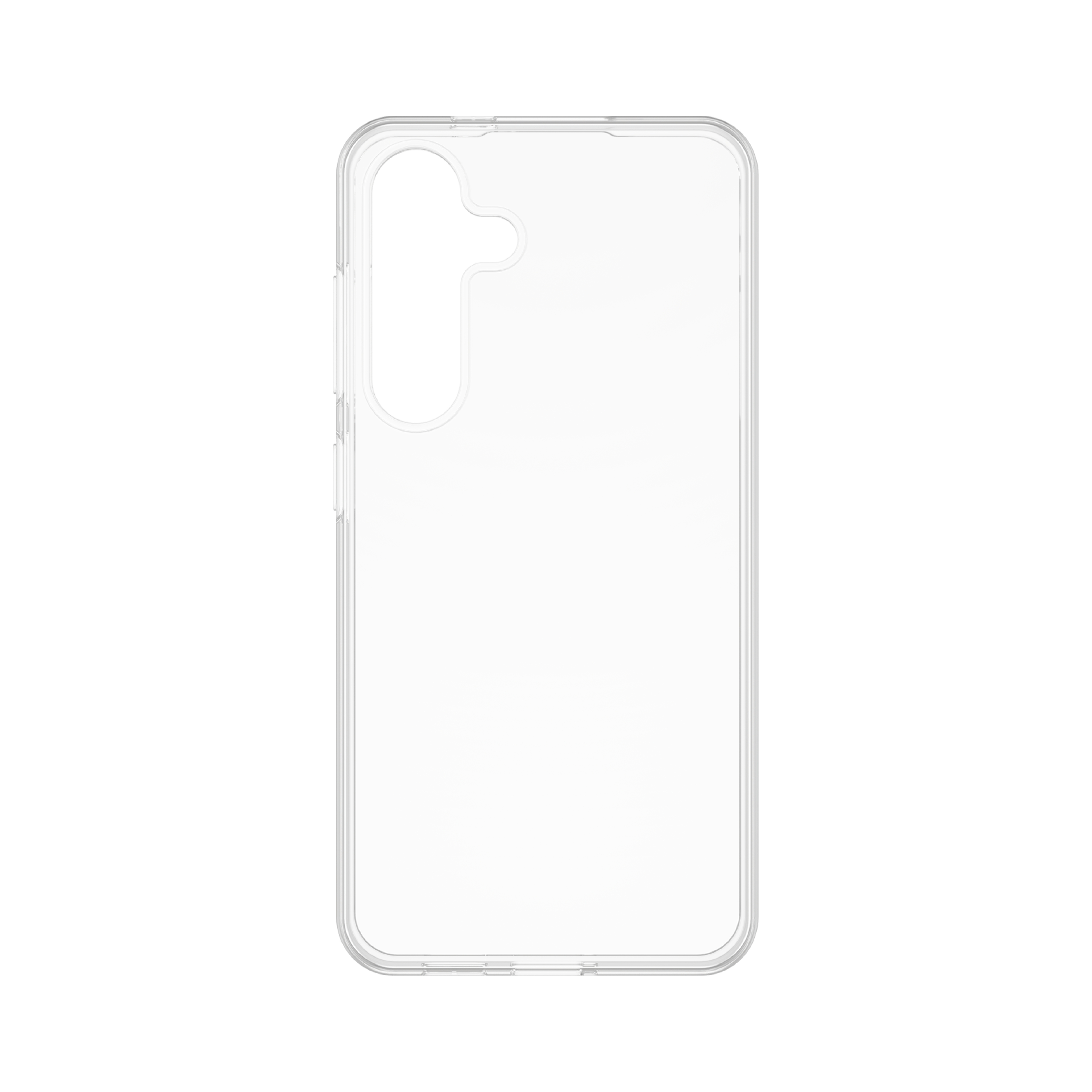 Przezroczyste etui na telefon. Jest prostokątne z wycięciami na aparat i przyciski.