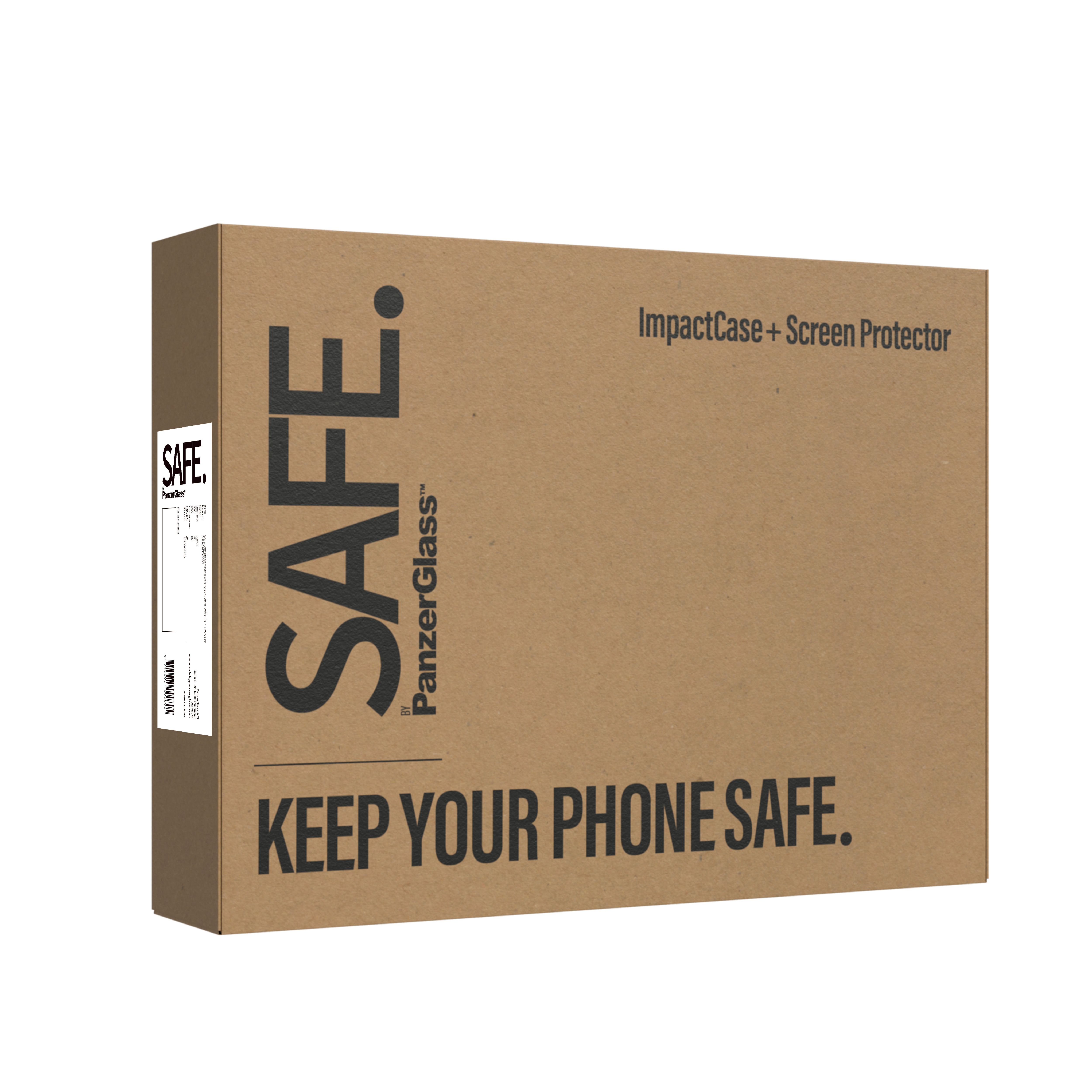 Pudełko kartonowe. Tekst na pudełku mówi 'SAFE' i 'KEEP YOUR PHONE SAFE'. Biała etykieta z boku.