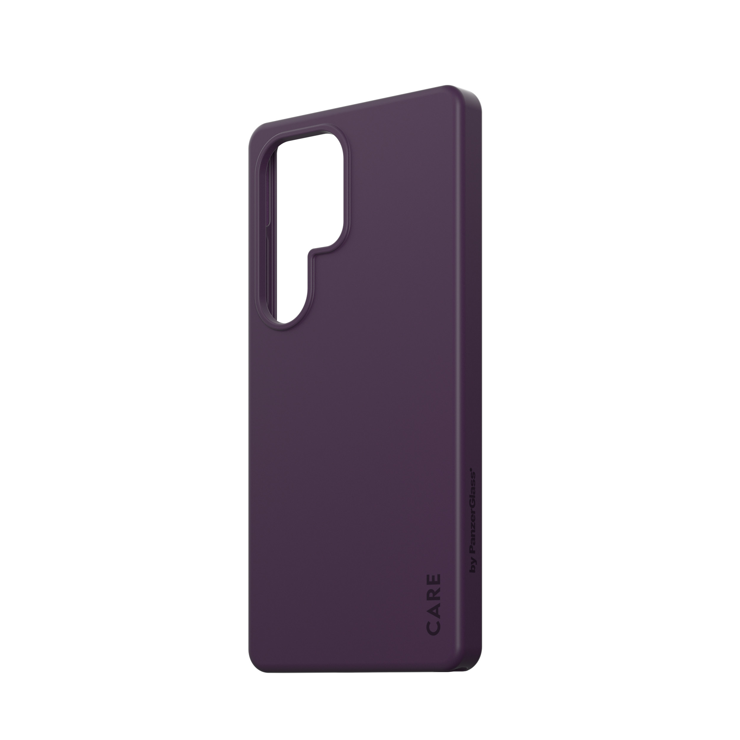 Custodia viola per telefono di PanzerGlass. Tinta unita, ritagli per fotocamera e sfondo bianco.
