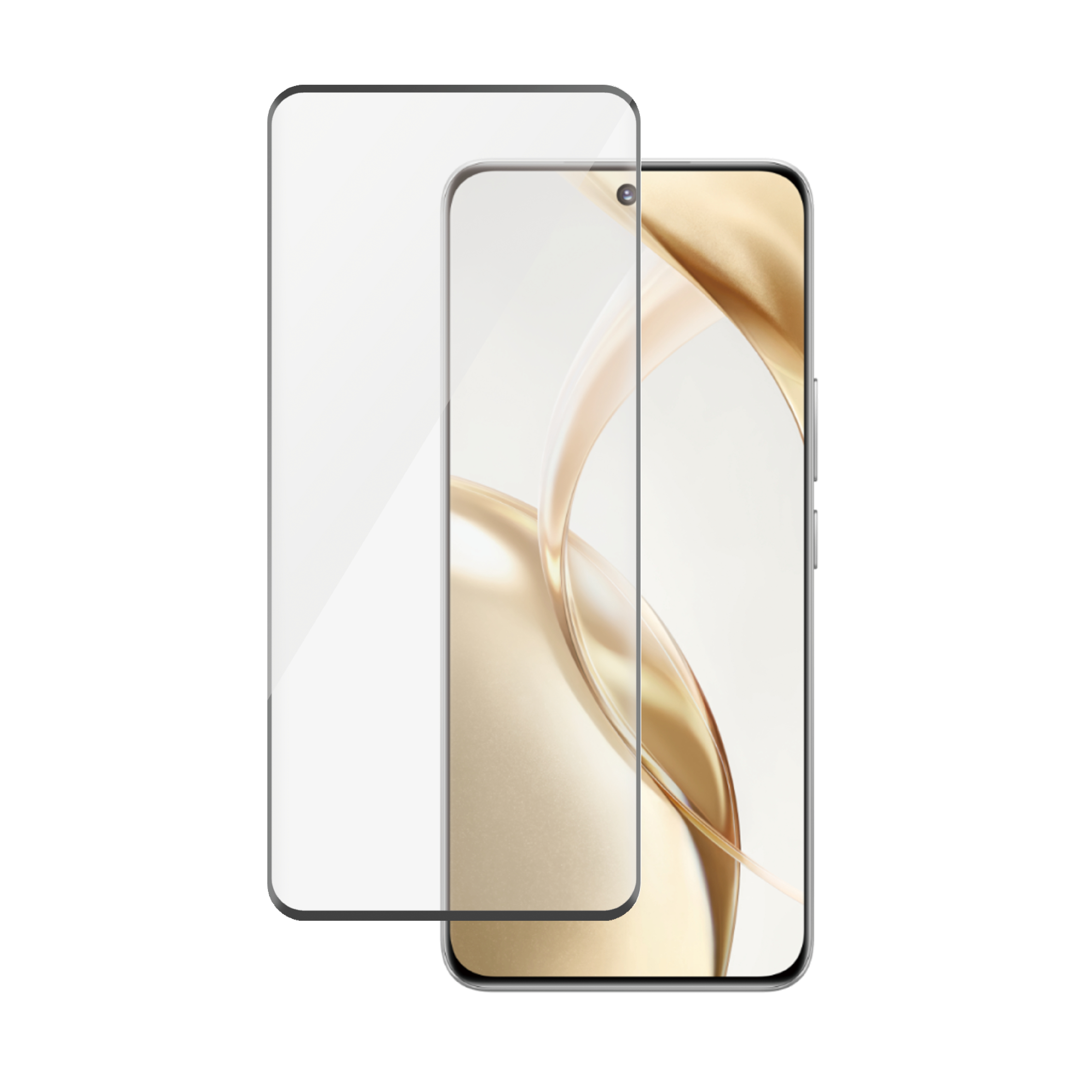 Telefono e protezione schermo. Presenta una protezione schermo in vetro su un telefono con retro dorato.