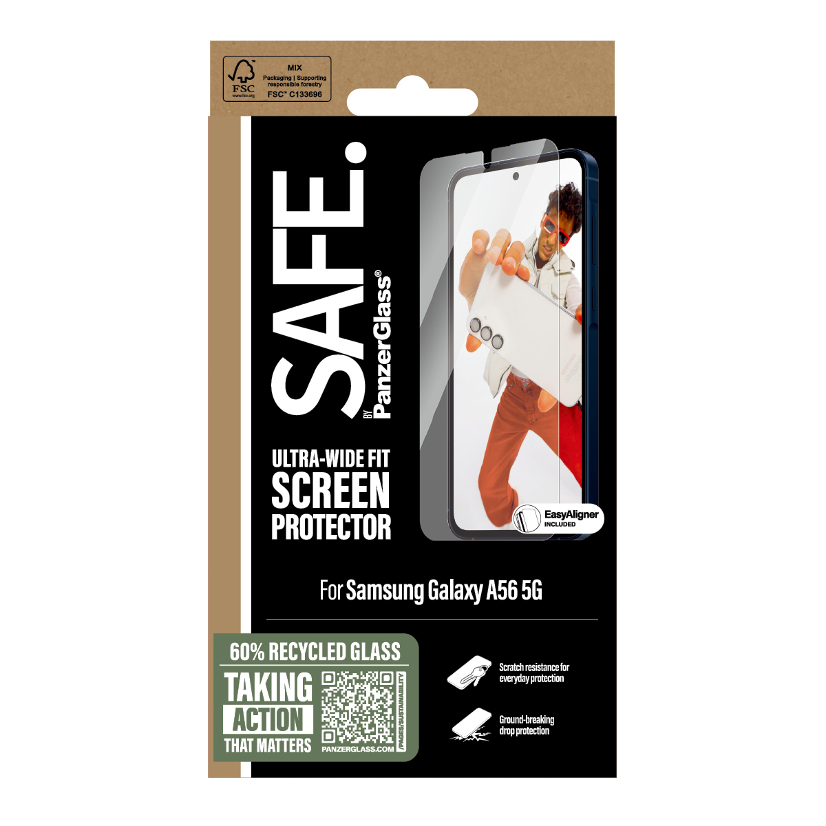 Scatola con protezione schermo per Samsung Galaxy. Caratteristiche: ultra-wide fit e vetro riciclato.