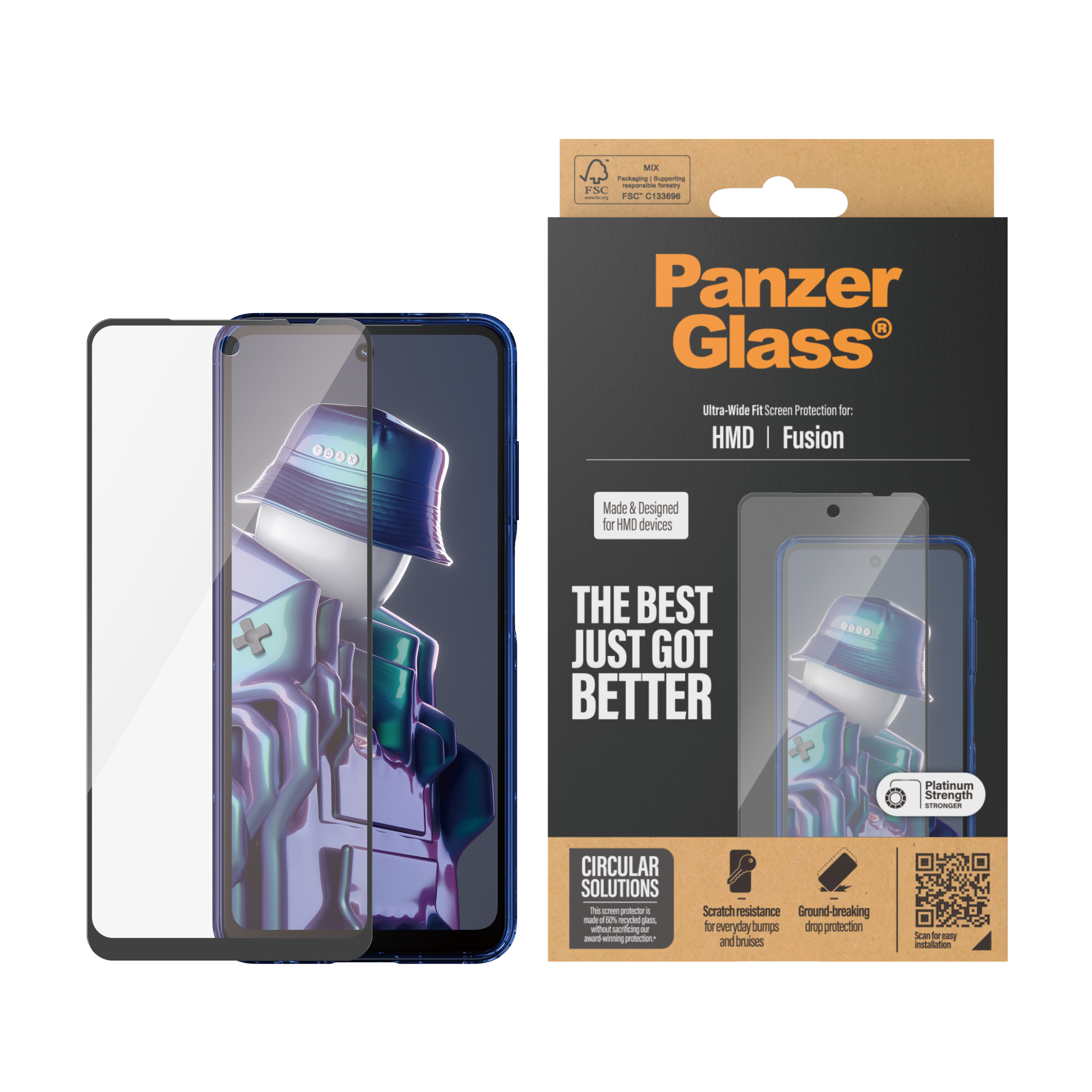 Proteggi schermo e confezione. Sulla confezione c'è scritto PanzerGlass, con immagine del telefono.