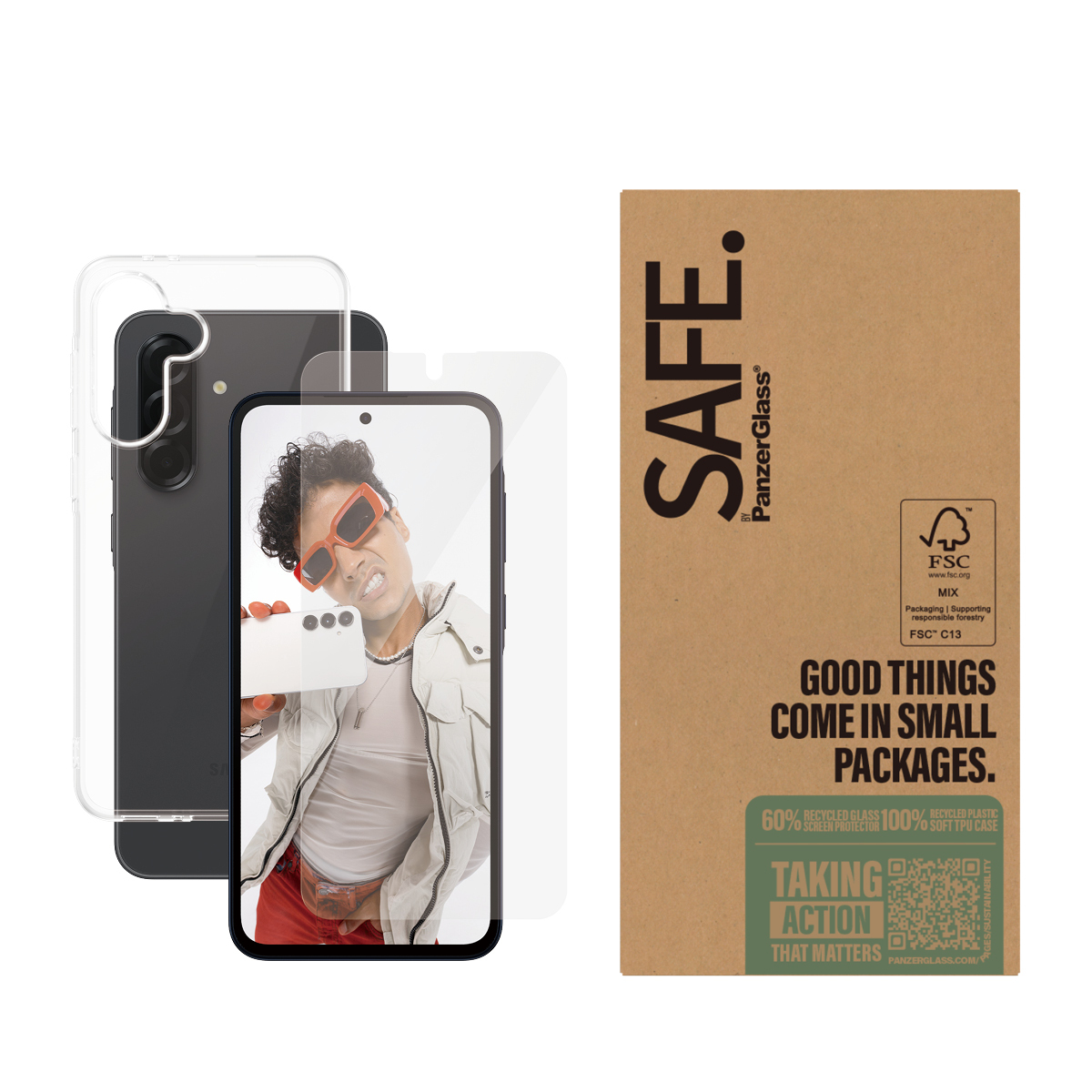 Scatola con telefono, custodia e protezione schermo. Una persona fa un selfie.