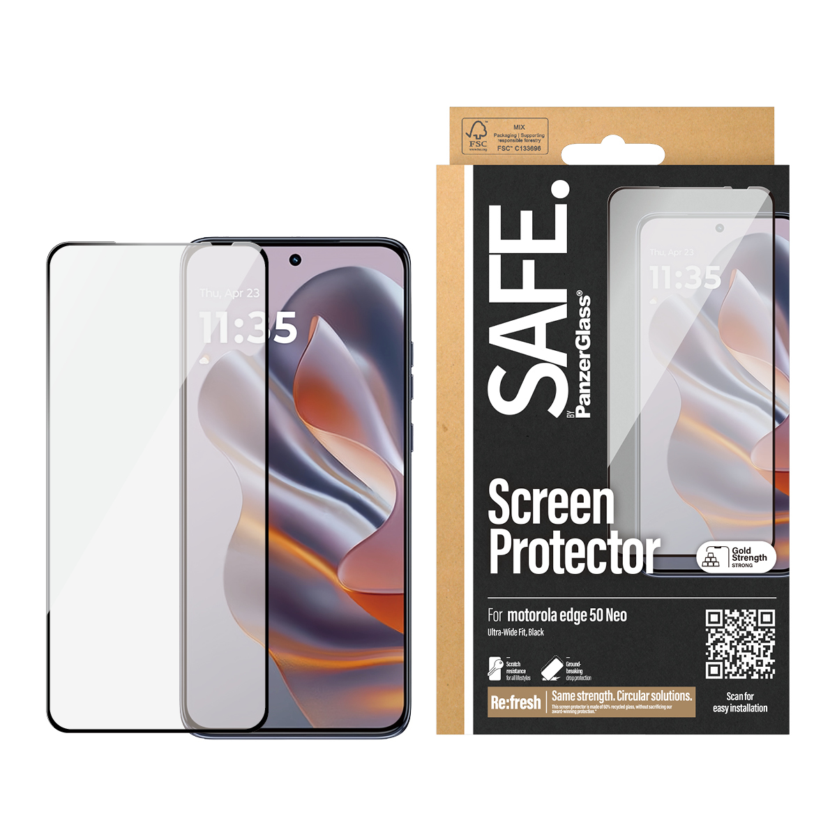 Smartphone con protezione schermo applicata e confezione per protezione schermo.