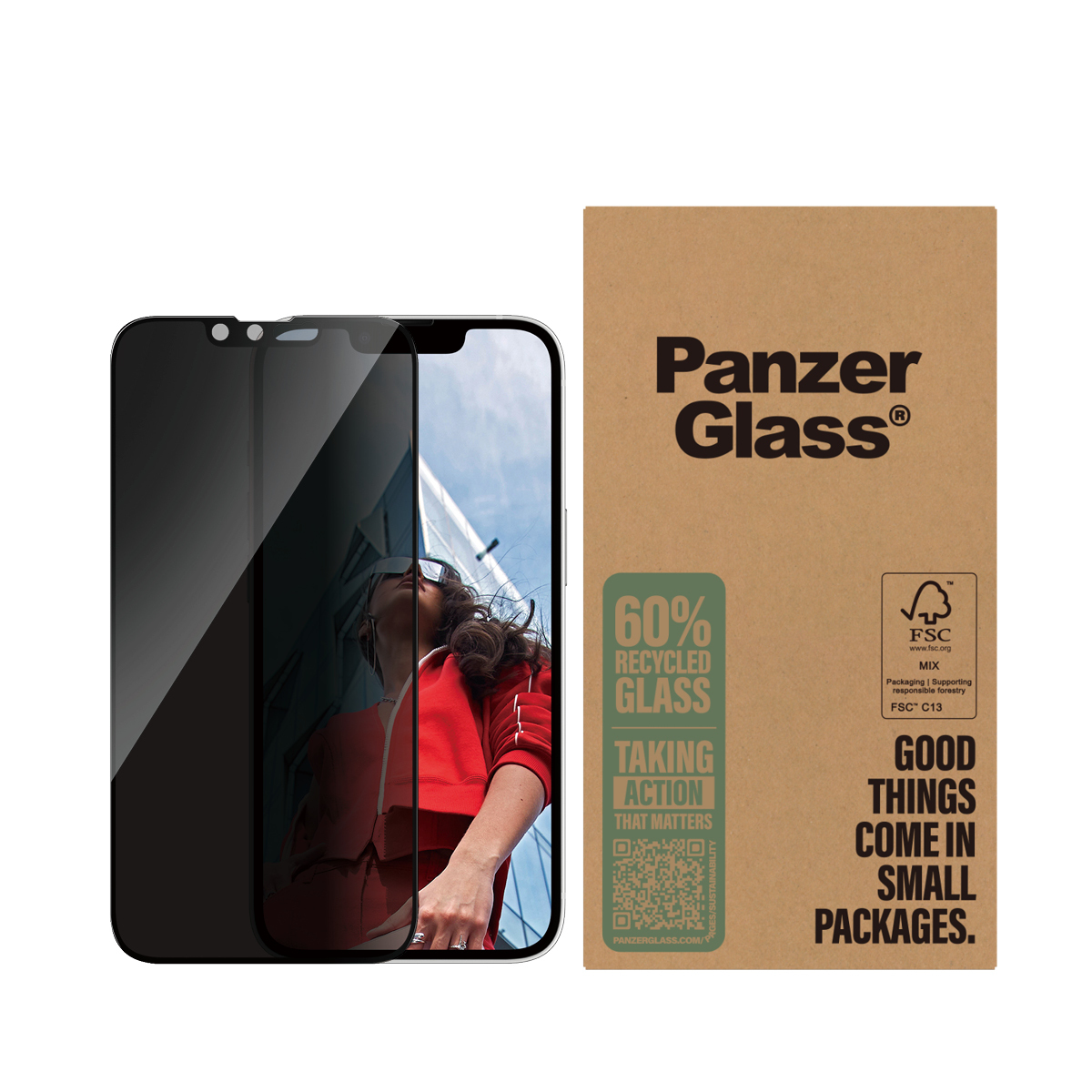 Un teléfono con protector de pantalla y una caja. El teléfono muestra un edificio, y la caja dice PanzerGlass.