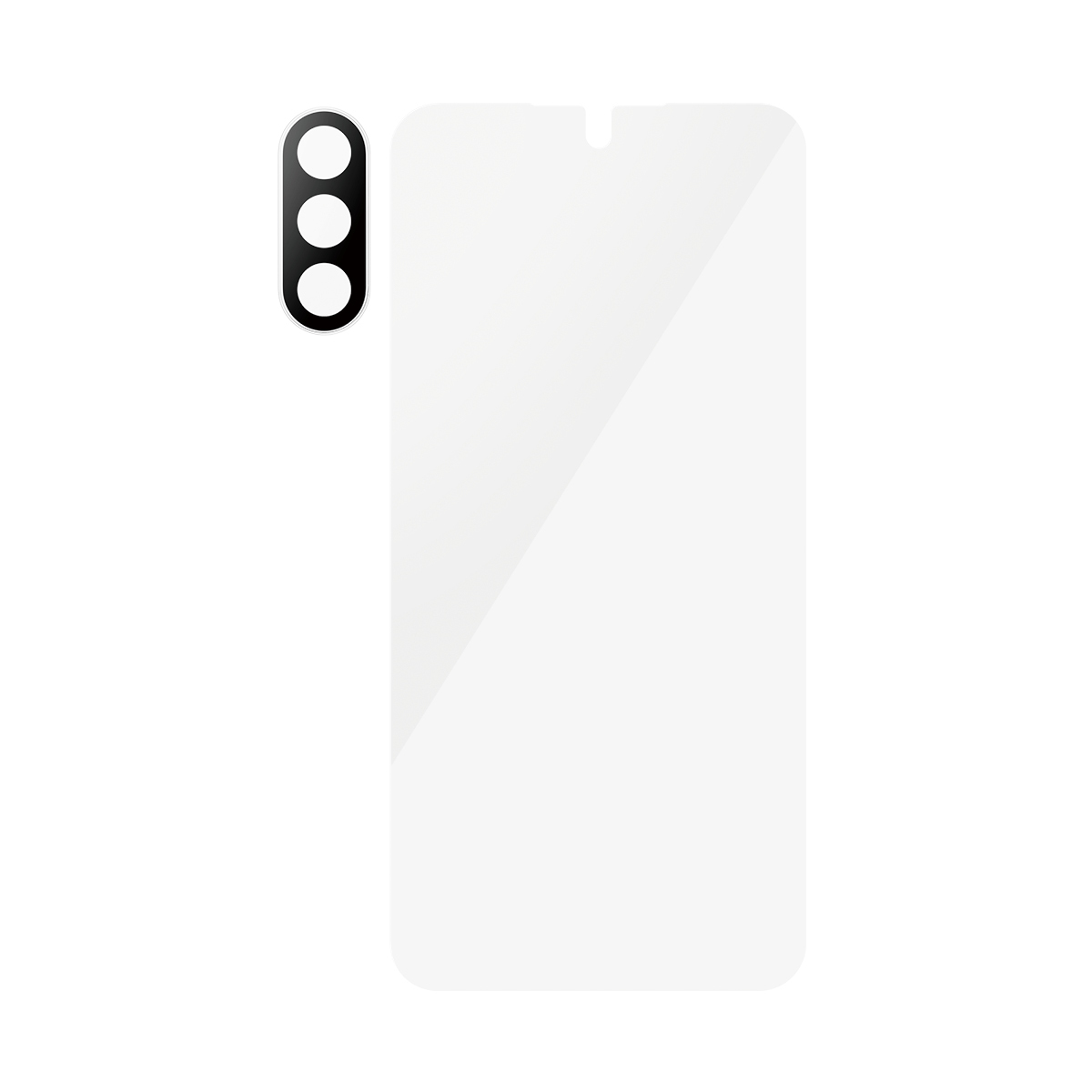 Una protezione per lo schermo del telefono e una protezione per la fotocamera, tutto bianco. Quella della fotocamera ha 3 cerchi. Sfondo bianco.