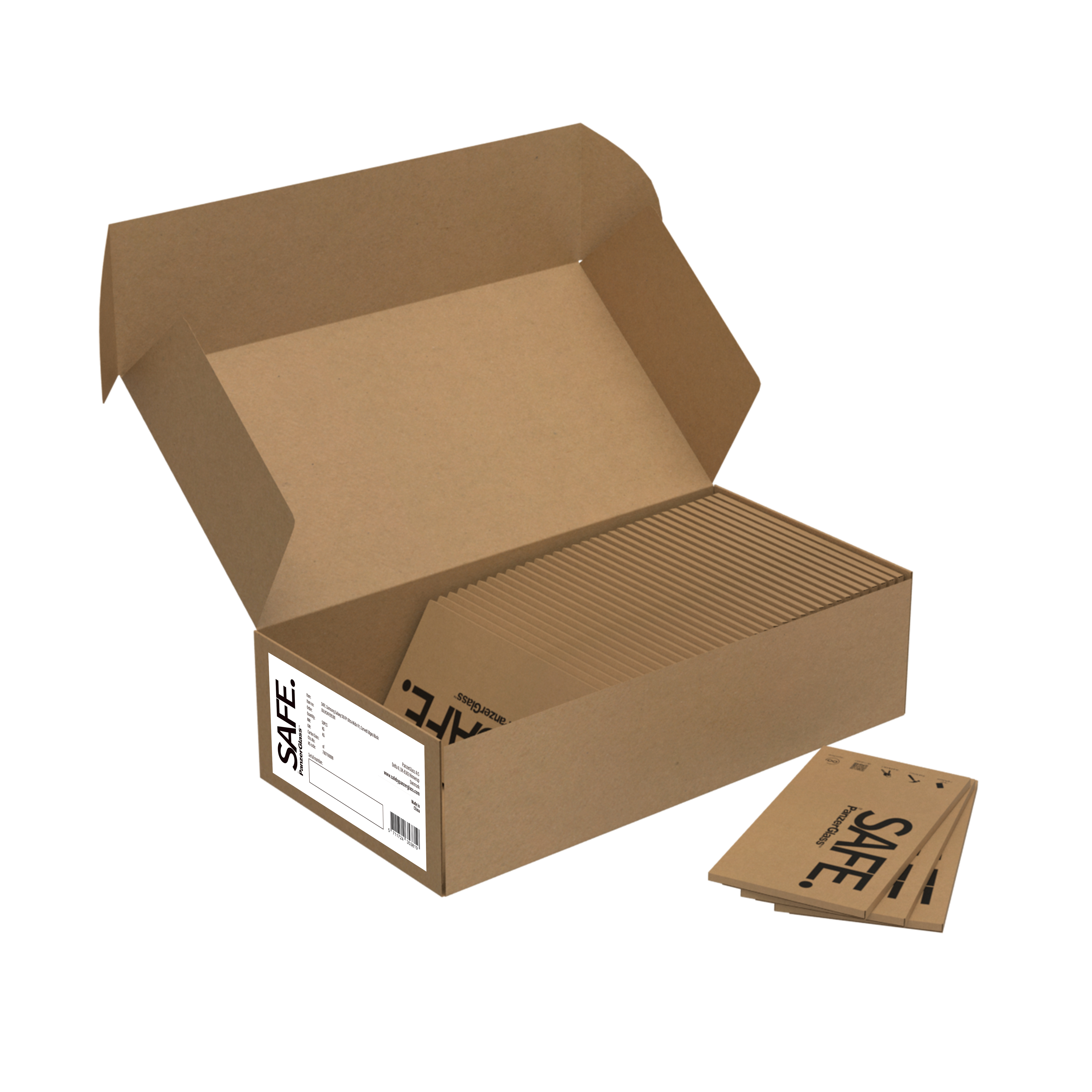 Pudełko zawierające opakowania ochraniaczy ekranu. Pudełko jest otwarte. Widoczne są opakowania ochraniaczy ekranu.