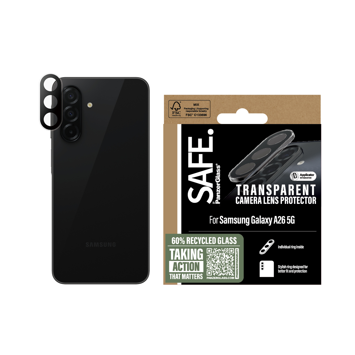 Confezione per telefono e protezione lente fotocamera. La confezione ha il logo 'SAFE' e l'immagine della protezione.