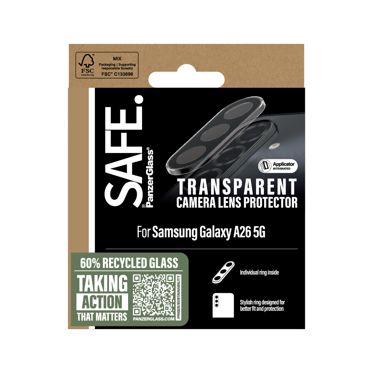 Scatola di protezione lente fotocamera trasparente per Samsung Galaxy A26 5G. Contiene protezioni ad anello.
