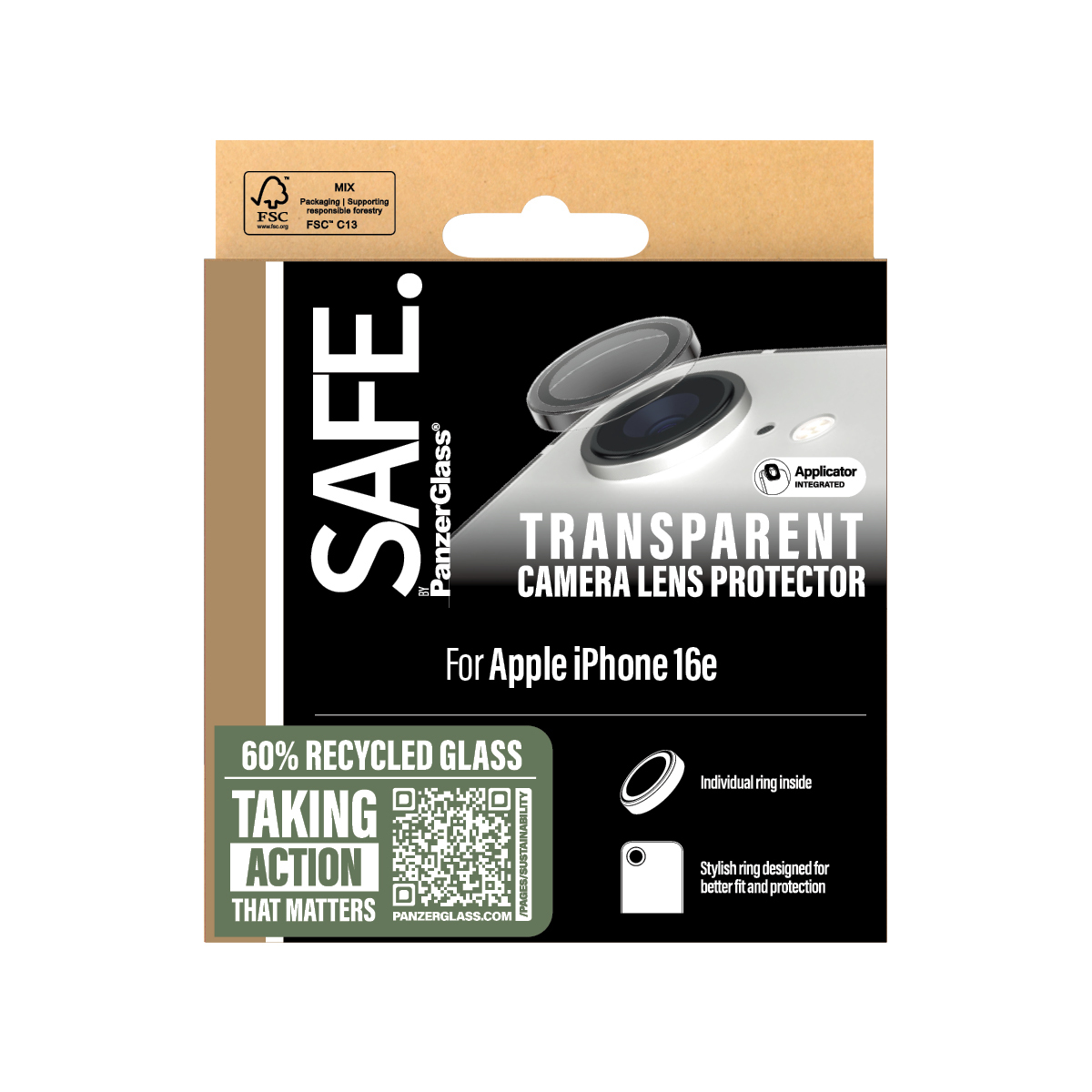 Scatola di protezione lente fotocamera trasparente per Apple iPhone 16e. Contiene protezioni ad anello.