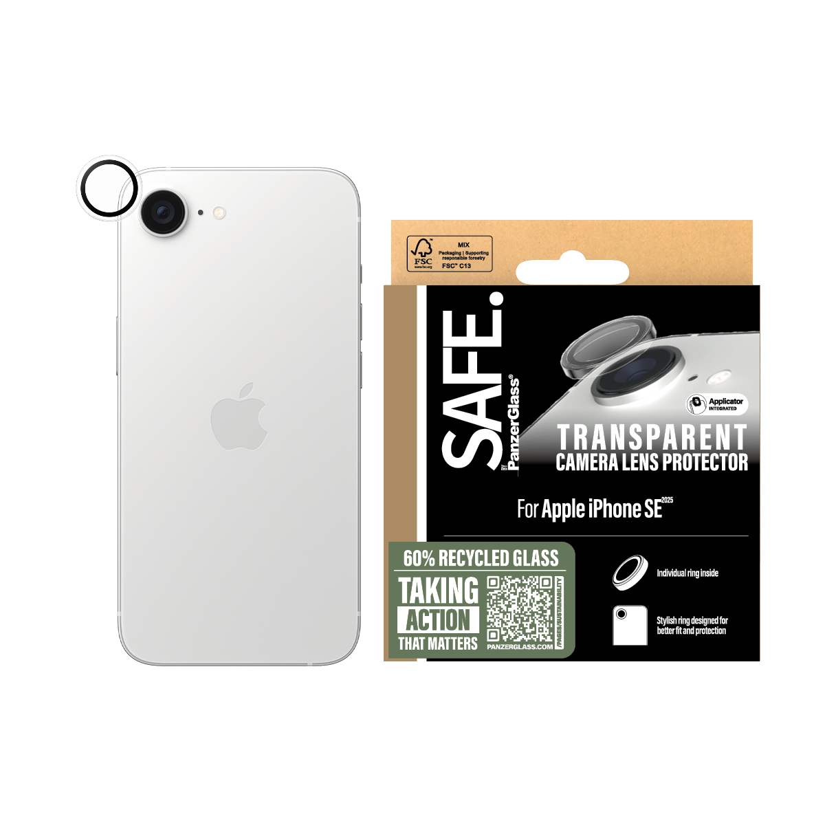 Un iPhone con una protezione per l'obiettivo della fotocamera e l'imballaggio. Il telefono è bianco.