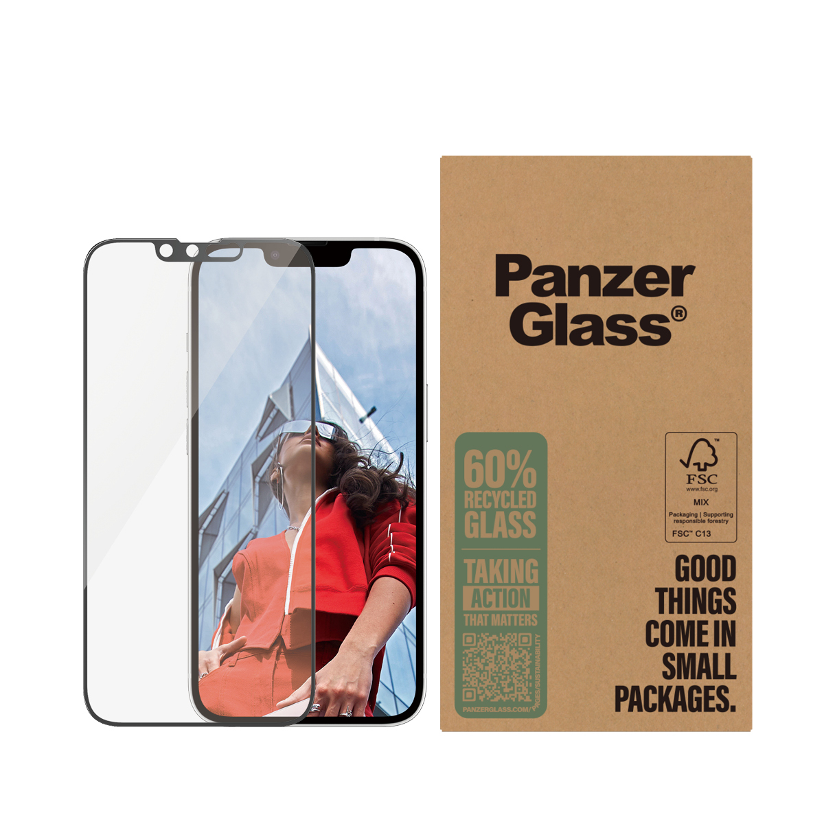 Telefon z ochraniaczem ekranu i opakowaniem z PanzerGlass na białym tle.