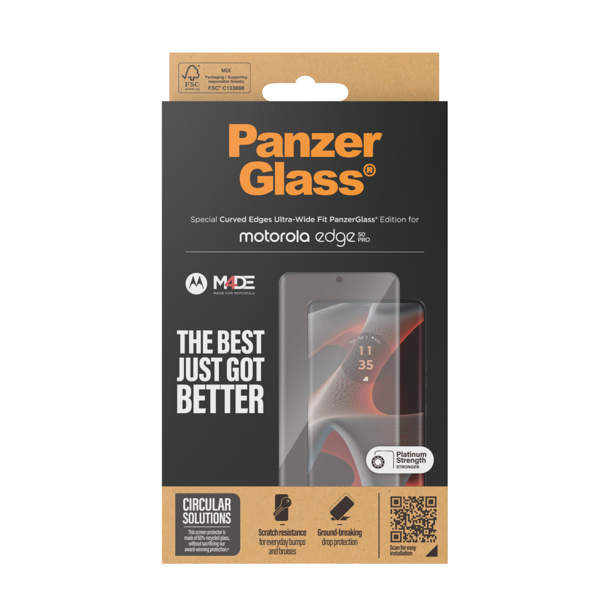 Scatola di protezione schermo PanzerGlass per Motorola Edge Pro. Testo: The Best Just Got Better.