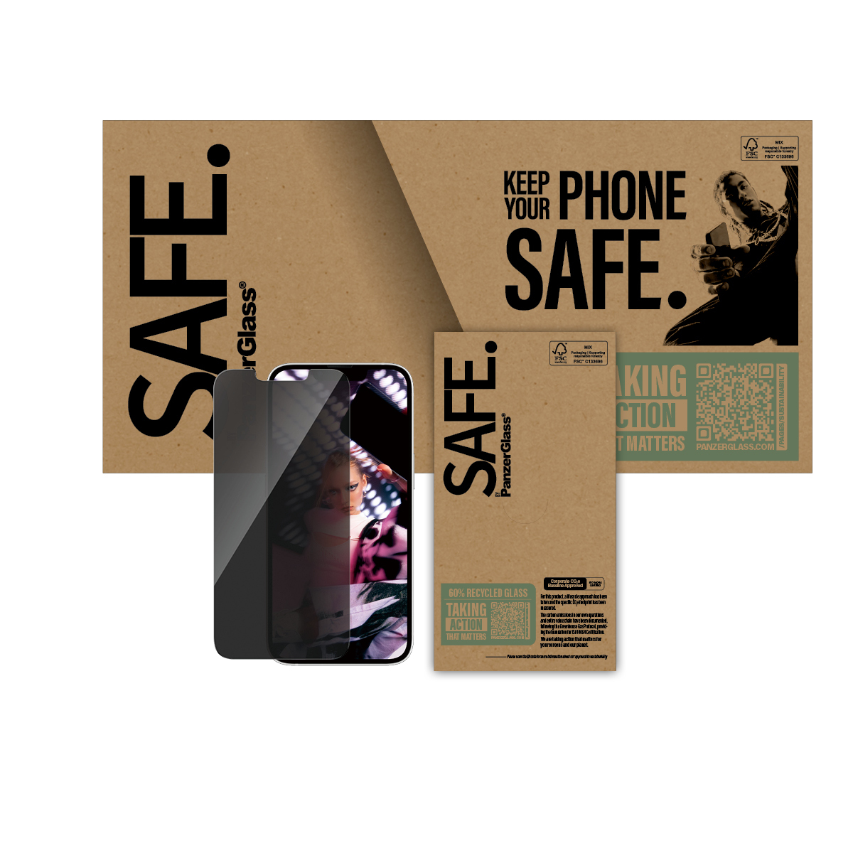 Confezione con smartphone e protezione schermo, sfondo marrone, testo: KEEP YOUR PHONE SAFE.