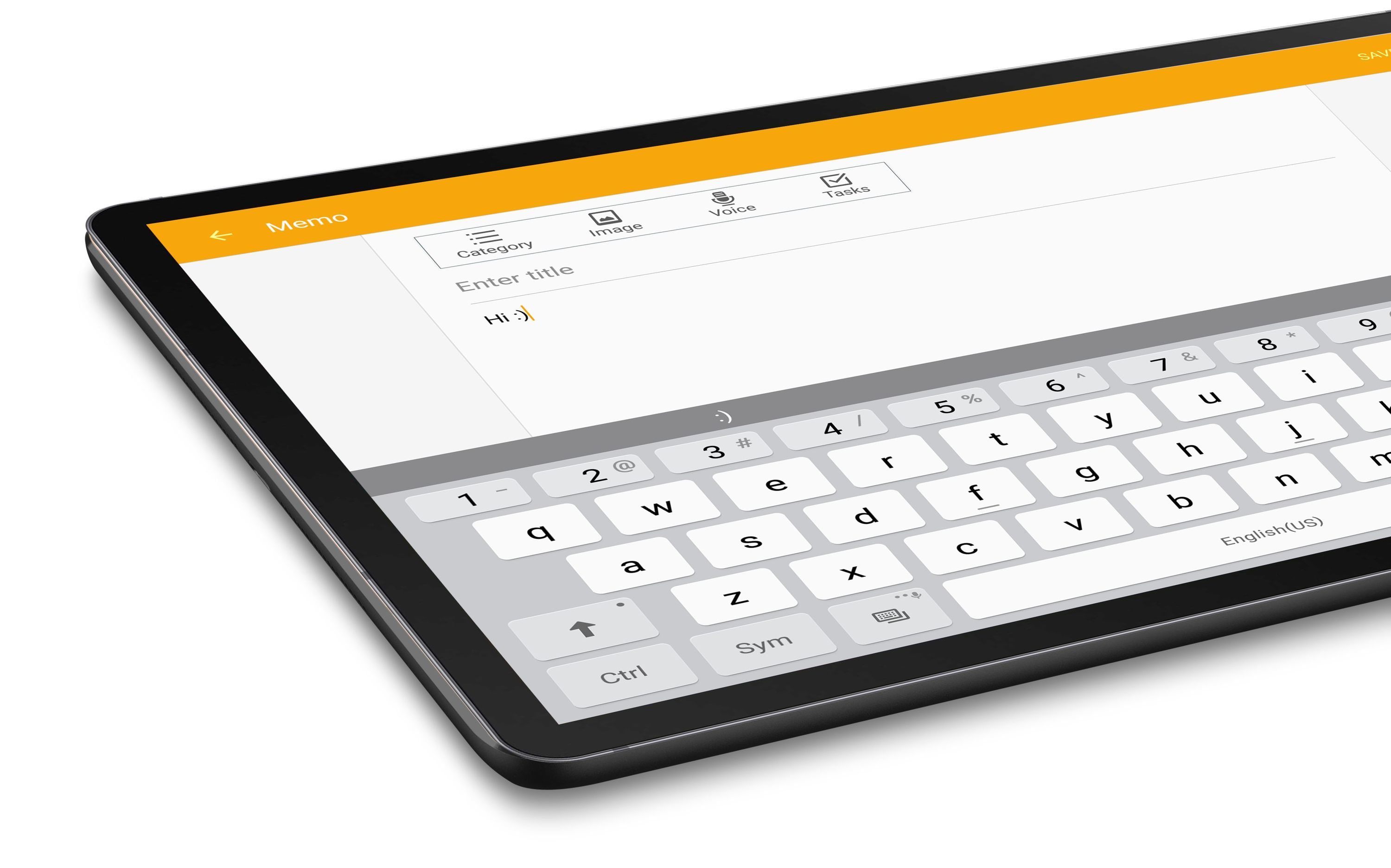 Tablet con tastiera sullo schermo. Lo sfondo è bianco, la tastiera è grigia.