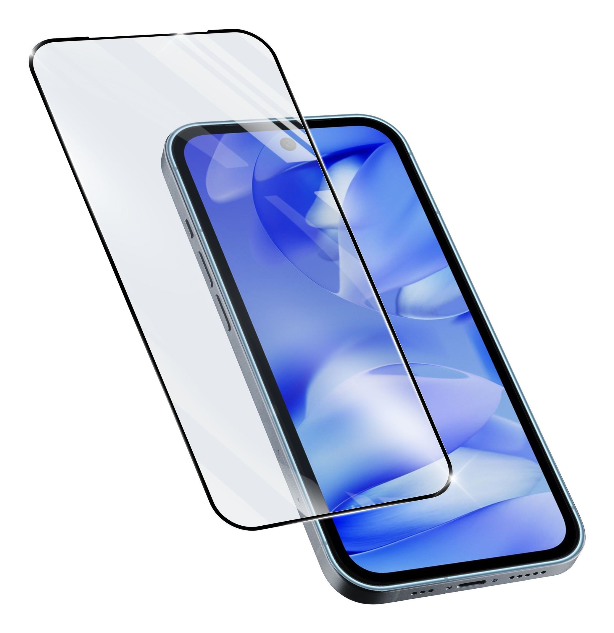 Un telefono con una protezione schermo leggermente spostata di lato, isolato su sfondo bianco.