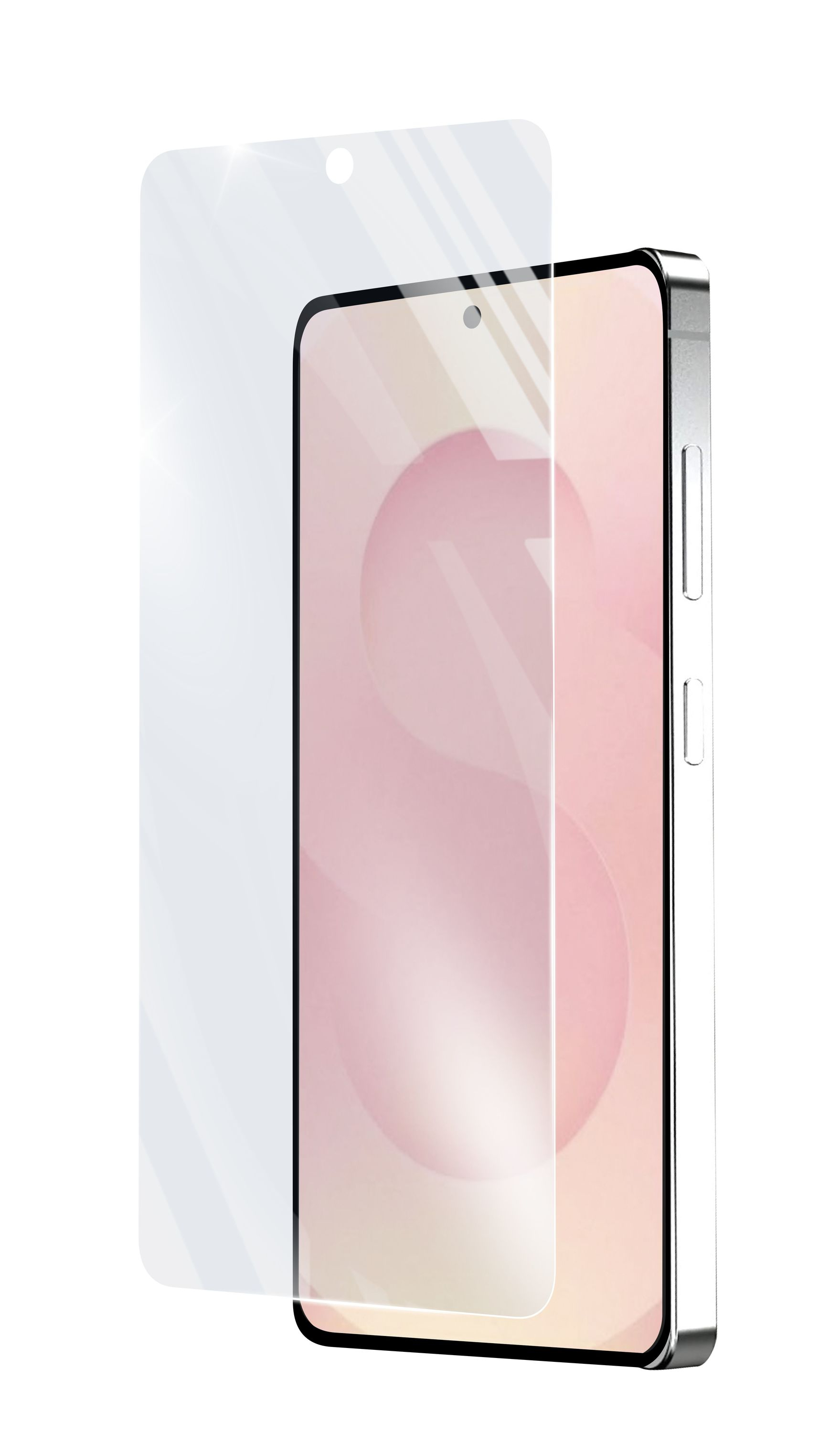 Smartfon z ochraniaczem ekranu. Różowe tło. Telefon jest srebrny.