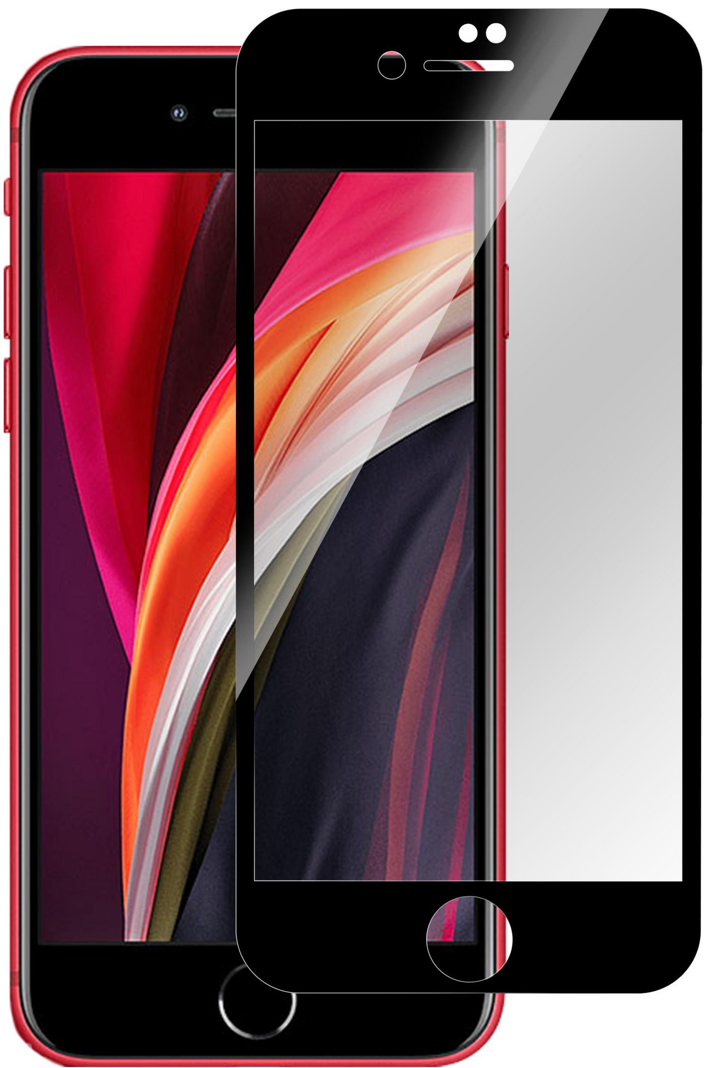 Smartphone rosso con protezione schermo. Cornice nera con centro trasparente.