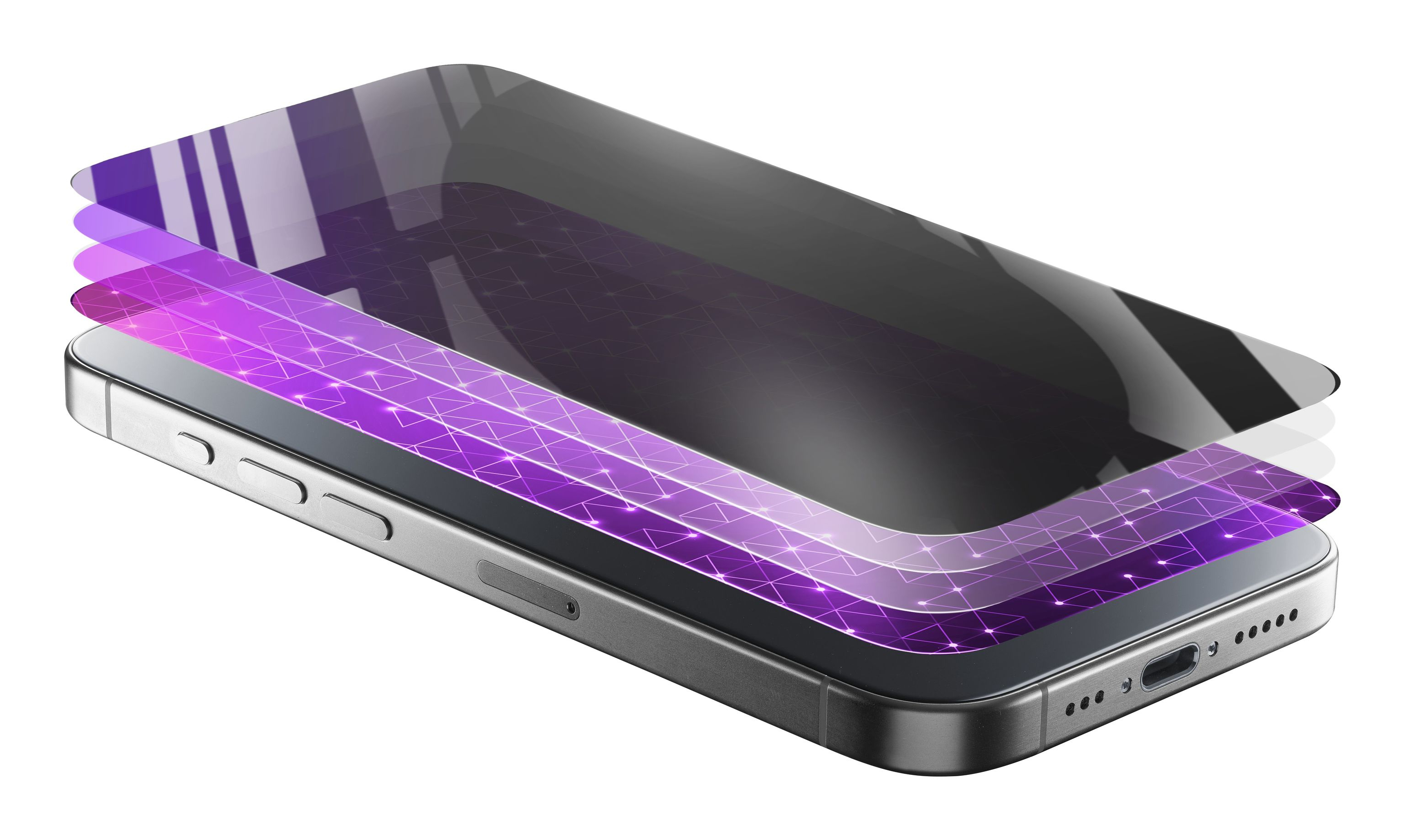 Telefono con protezione schermo a strati con strati viola e neri. Corpo del telefono argentato visibile.