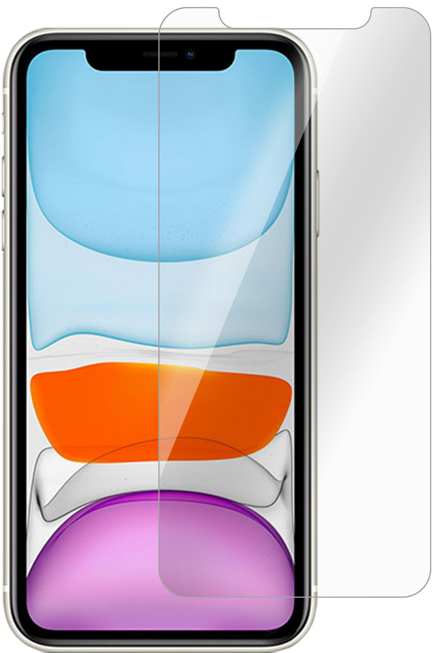 Telefono con protezione schermo. Il telefono ha uno schermo blu, forme arancioni e viola.
