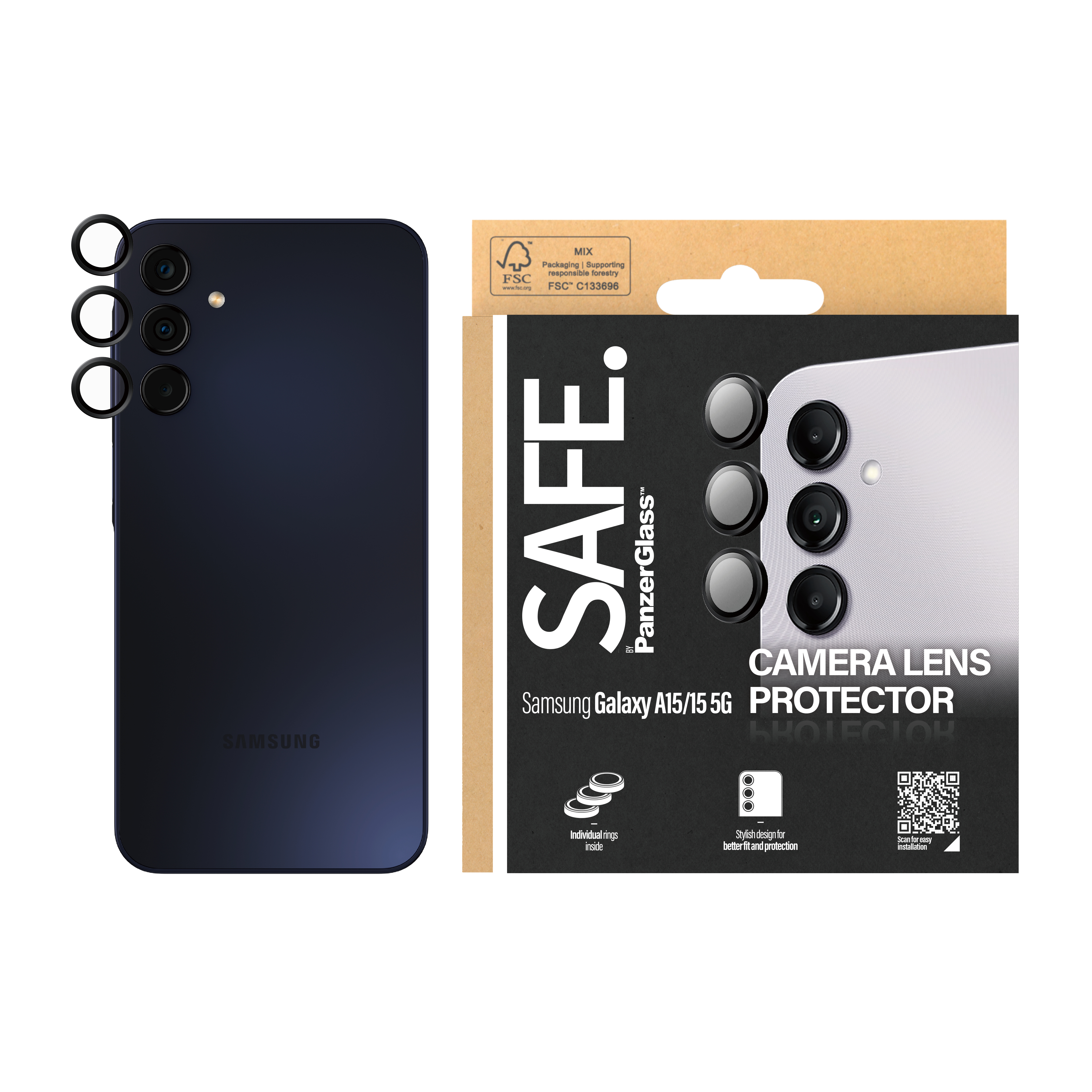 Embalaje del protector de lente de cámara SAFE PanzerGlass. Negro, texto blanco. Tres lentes de cámara, con parte trasera azul del teléfono.
