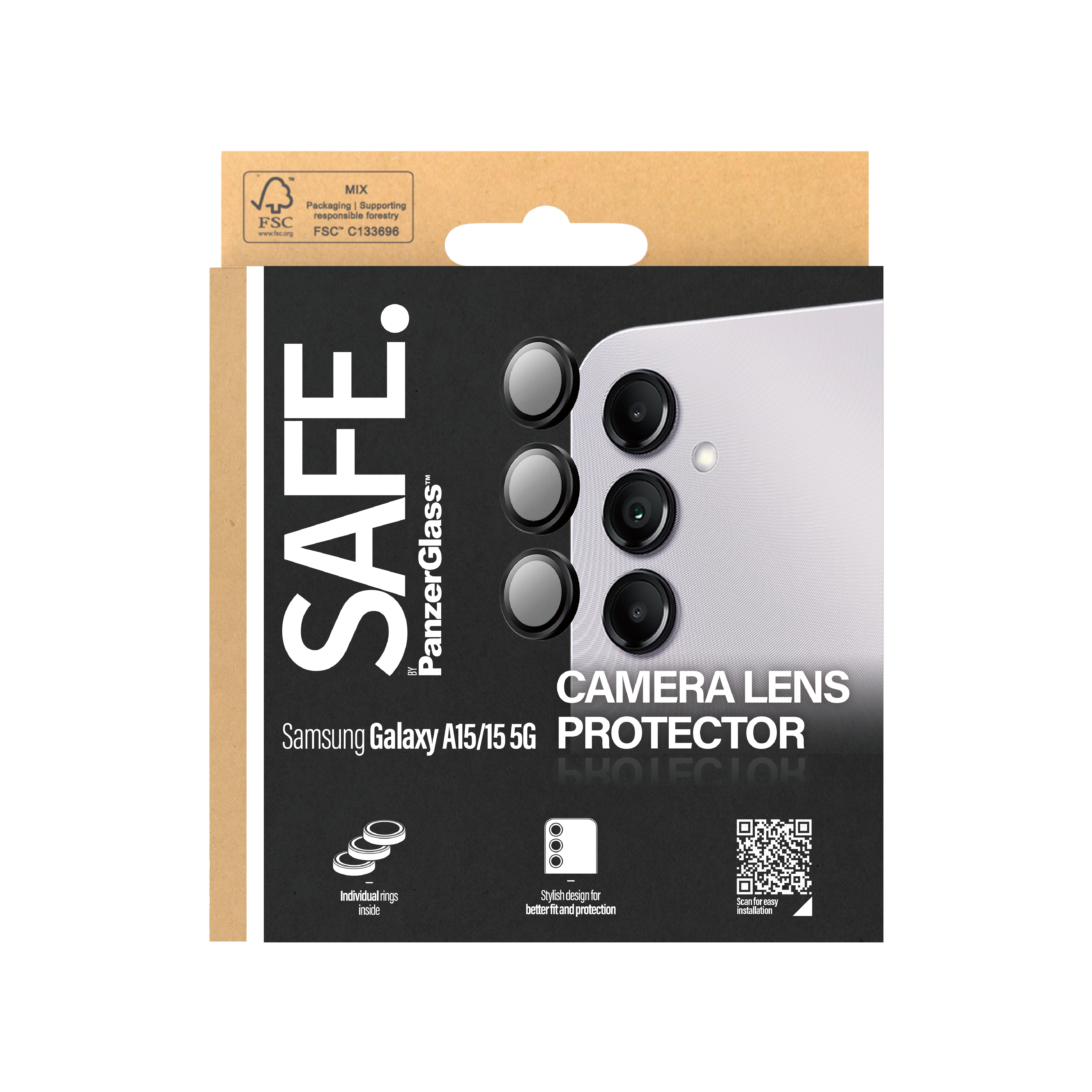 Embalaje del protector de lente de cámara SAFE PanzerGlass. Marrón, texto blanco. Tres protectores de lente de cámara. Fondo blanco.