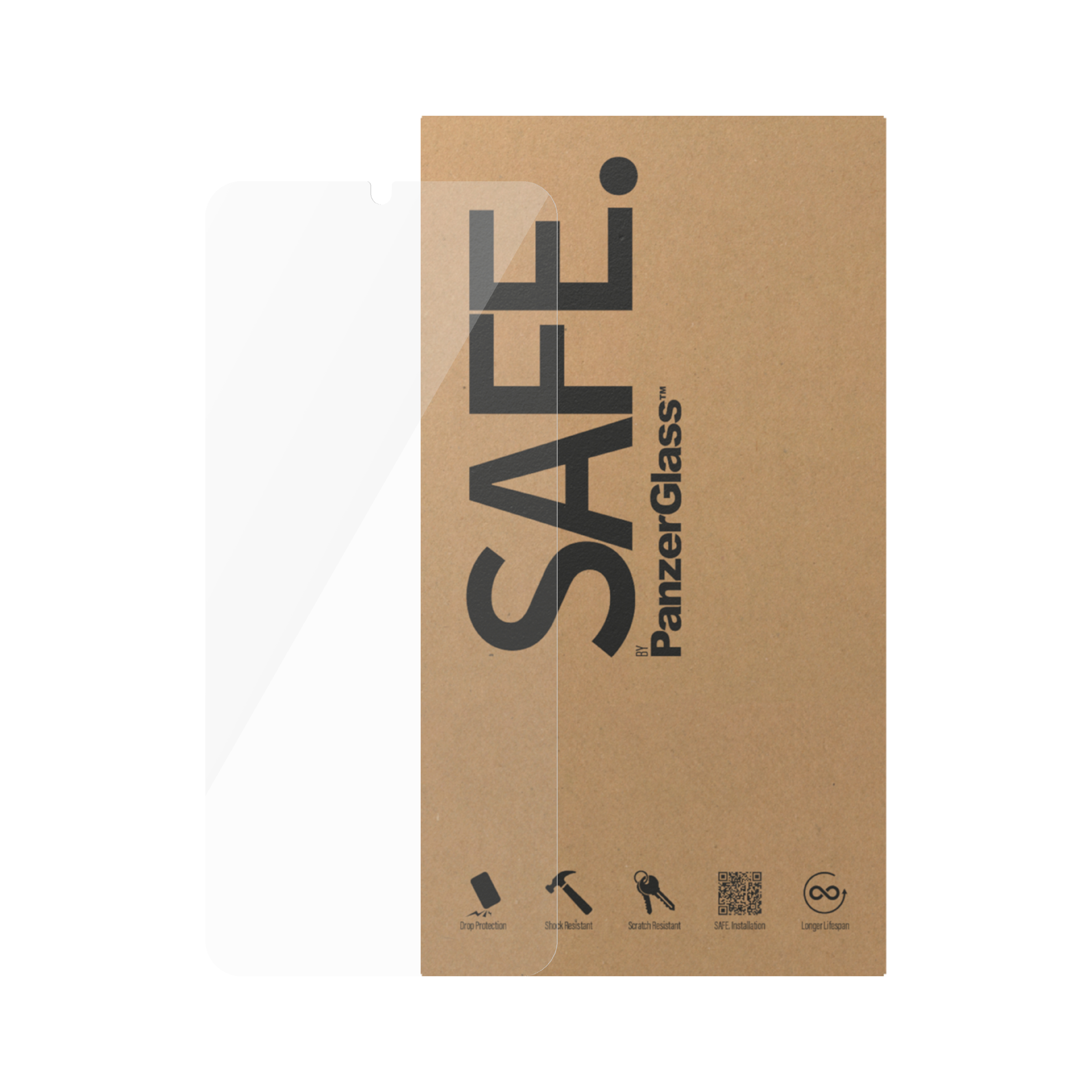 Scatola di cartone e protezione schermo. La scatola dice SAFE. Il logo PanzerGlass è visibile.