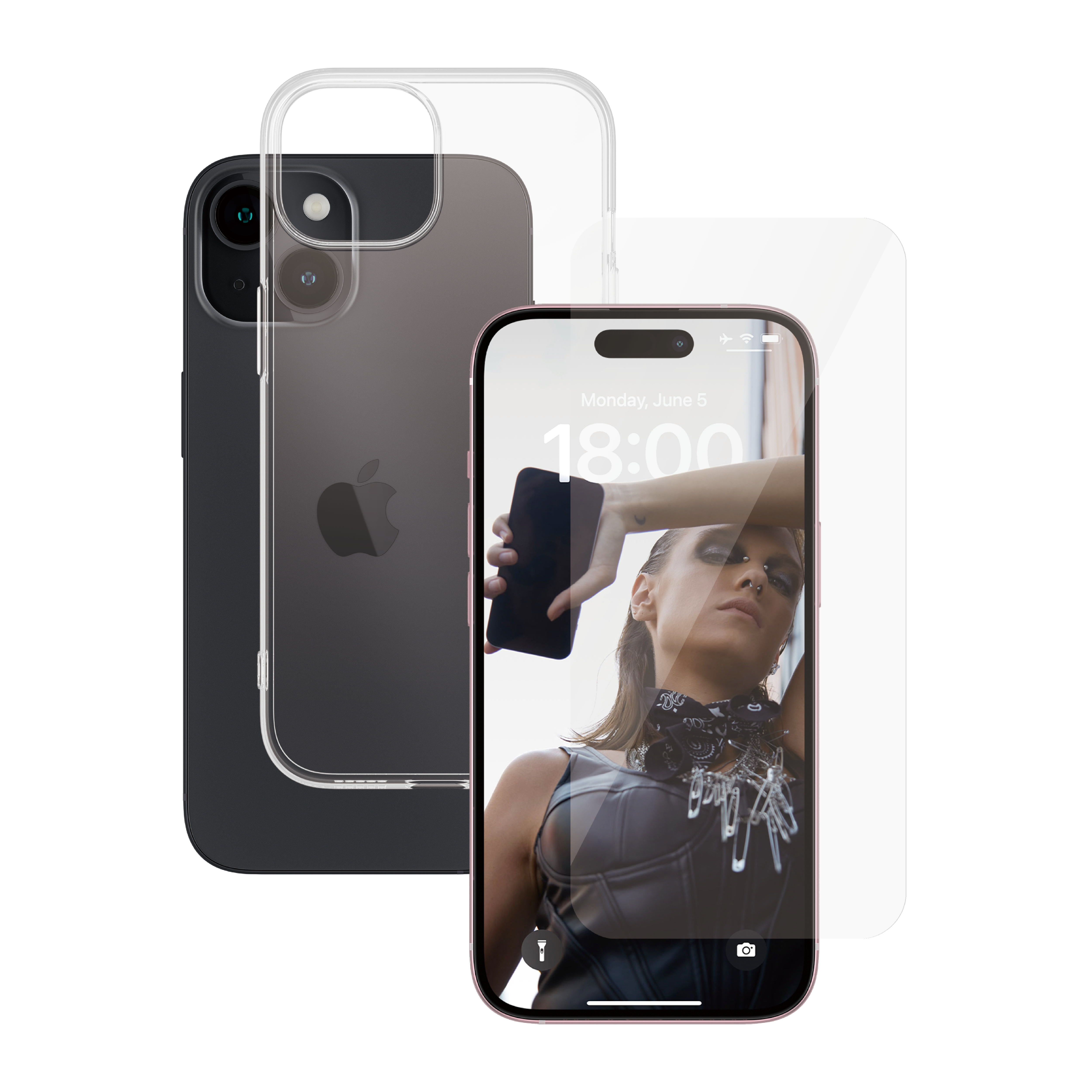iPhone con custodia e protezione schermo, con donna che guarda lo schermo.
