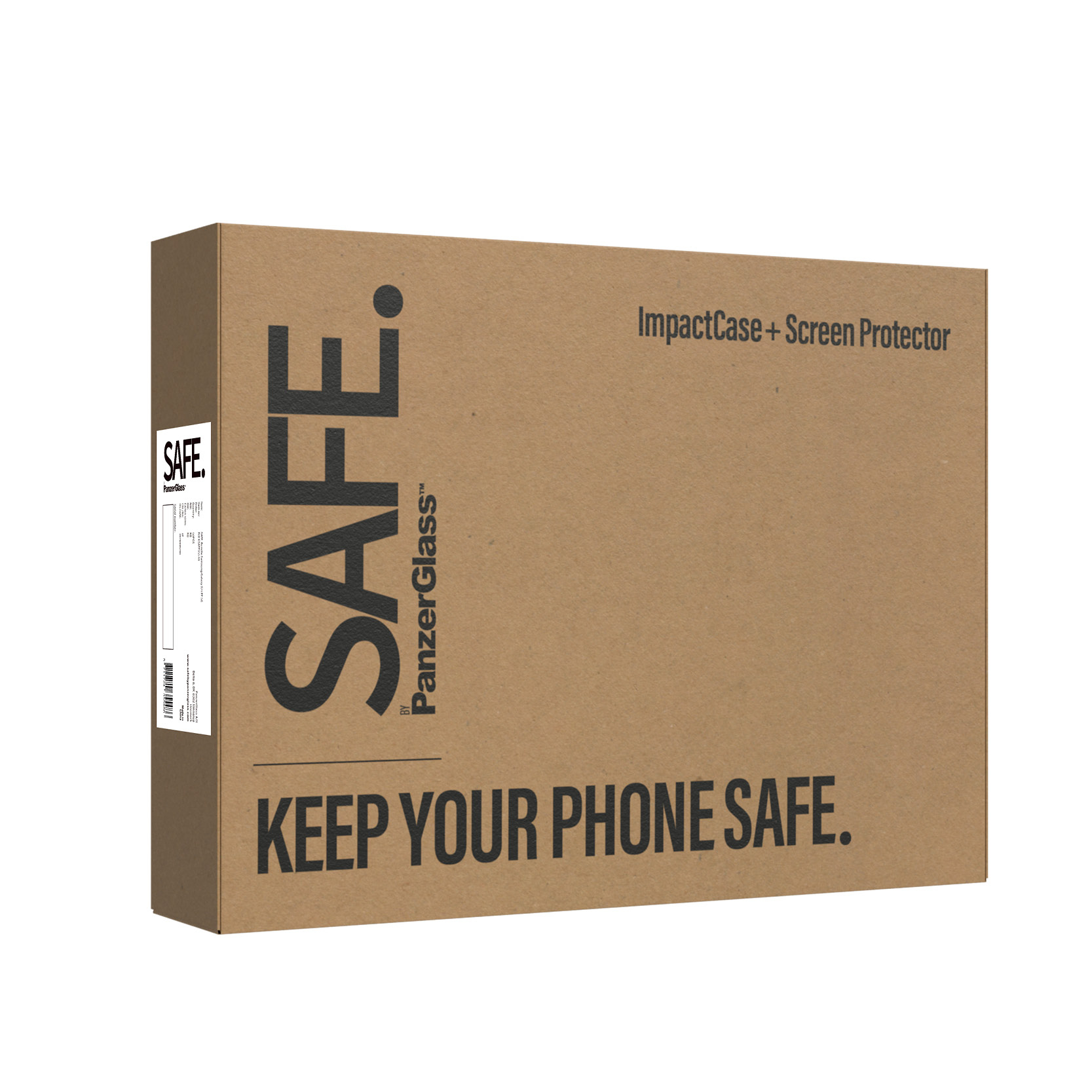 Brązowe kartonowe pudełko z logo SAFE i tekstem. Na pudełku napis „Keep Your Phone Safe”.