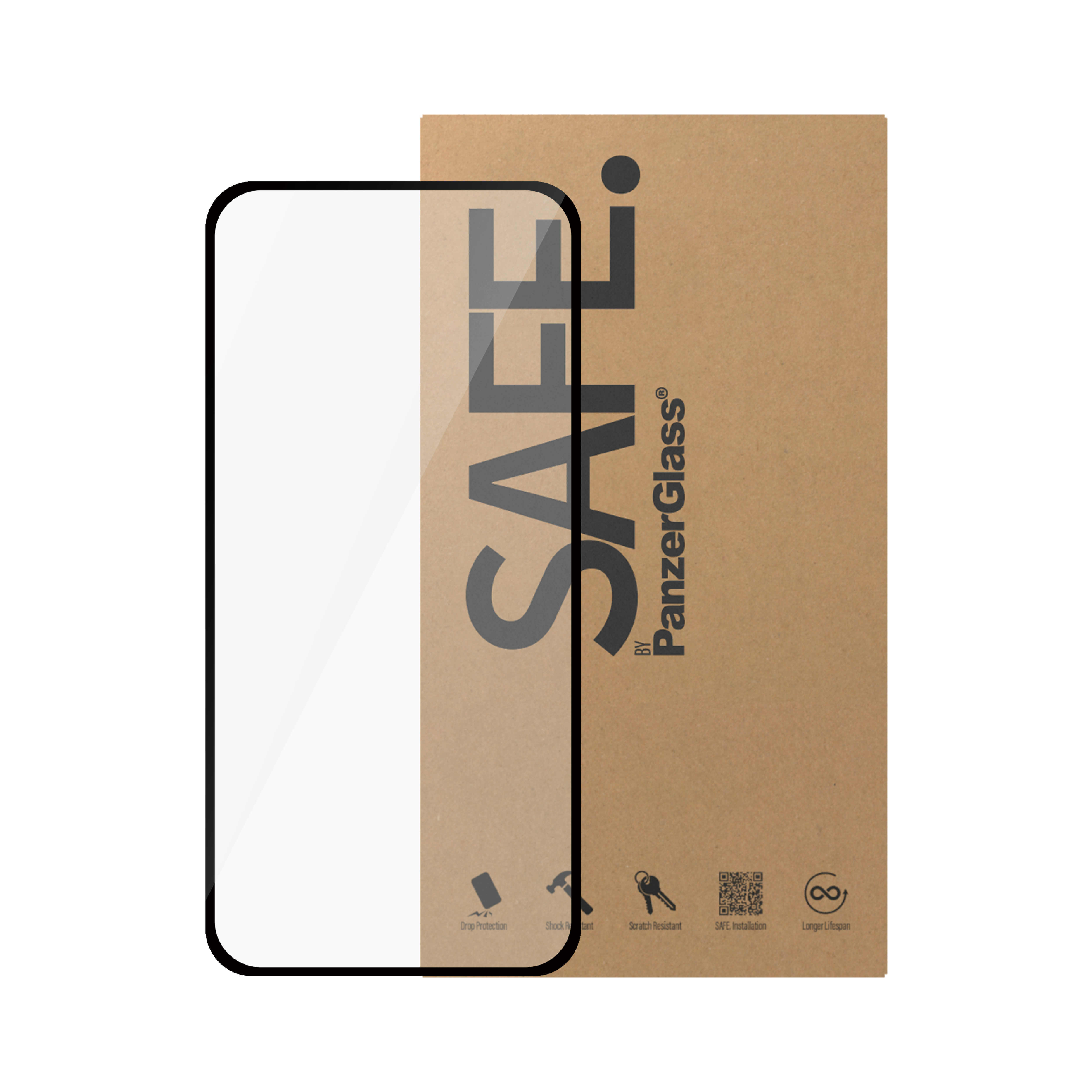 Proteggi schermo per telefono vicino a una scatola di cartone con il logo "SAFE".