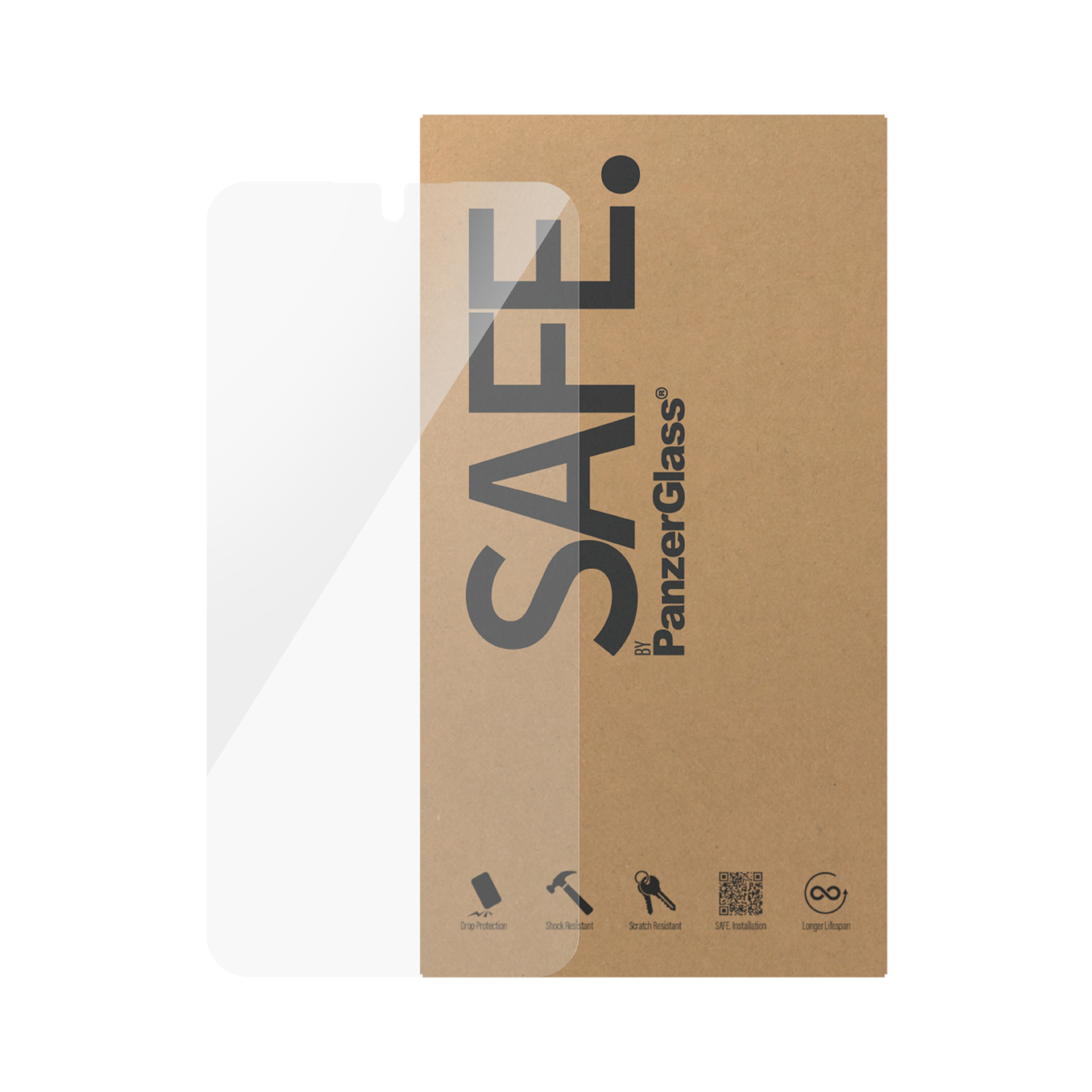 Protezione schermo trasparente e confezione, con testo 'SAFE' e caratteristiche del prodotto.