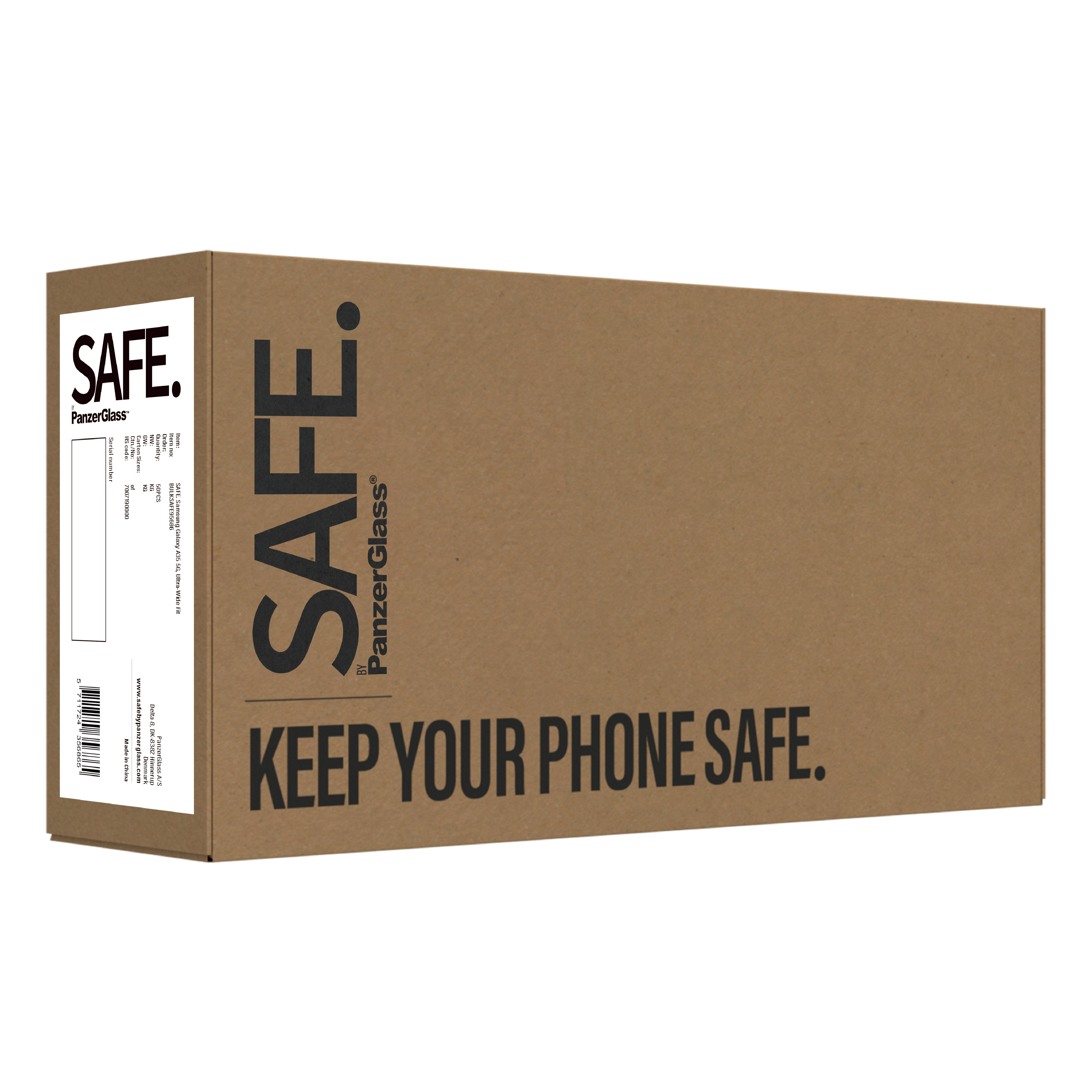 Scatola di cartone con testo 'SAFE' e 'KEEP YOUR PHONE SAFE' su sfondo bianco.