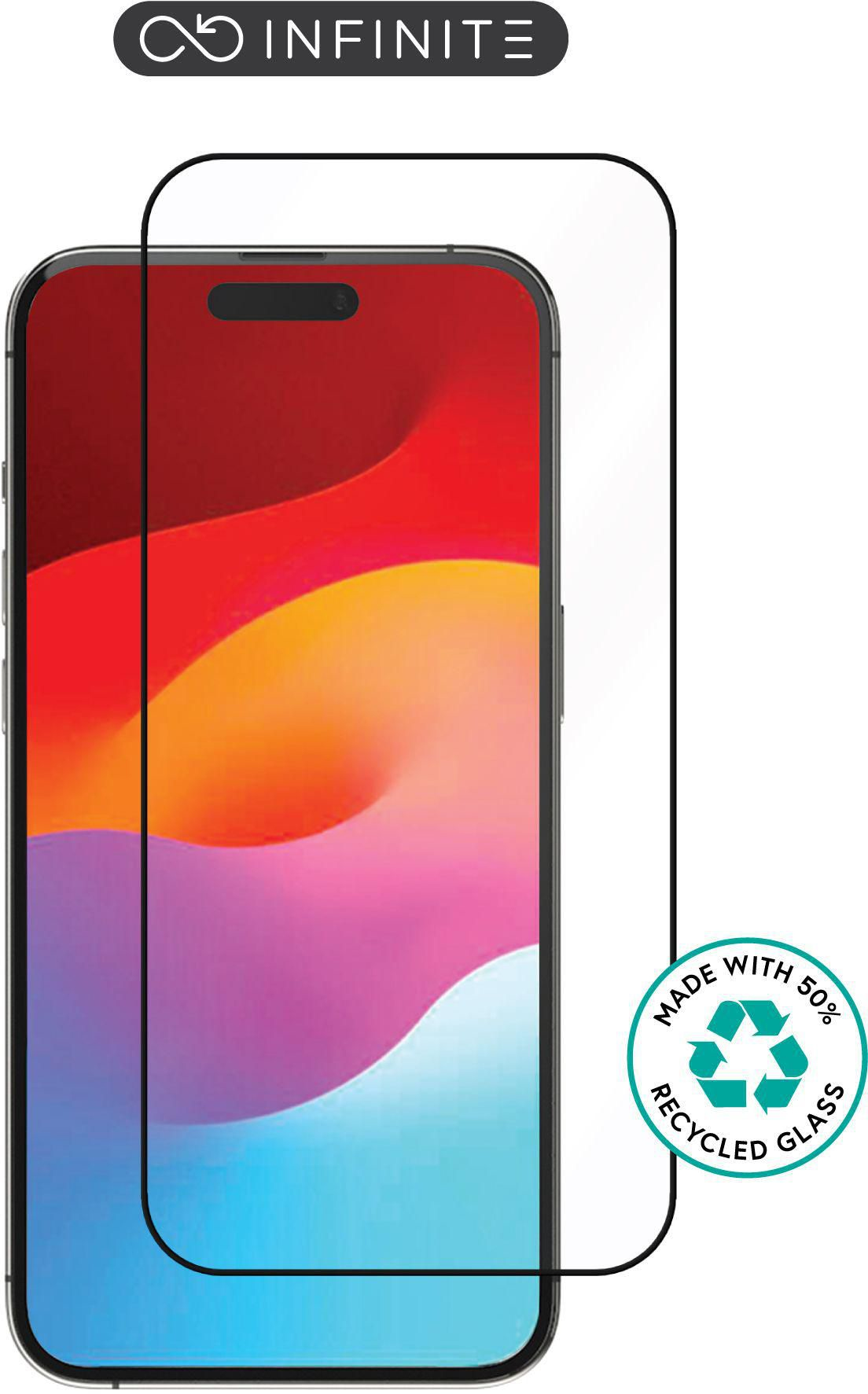 Un telefono con una protezione schermo. Lo schermo ha uno sfondo colorato e un simbolo di riciclo.